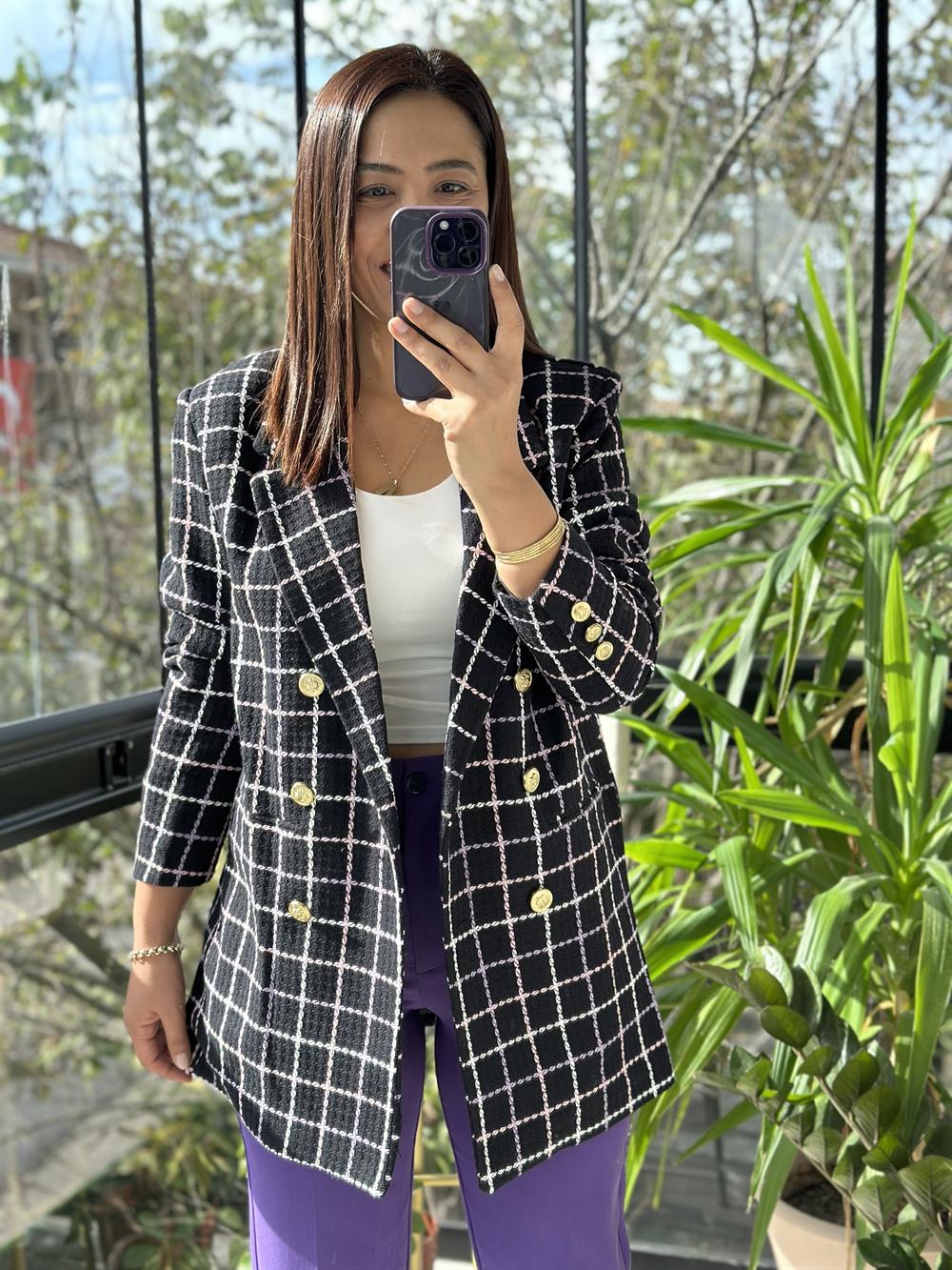 Gold Düğme Kareli Tüvit Blazer Ceket Lila