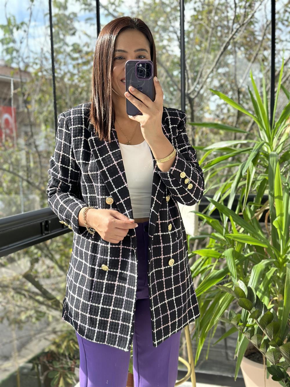 Gold Düğme Kareli Tüvit Blazer Ceket Lila