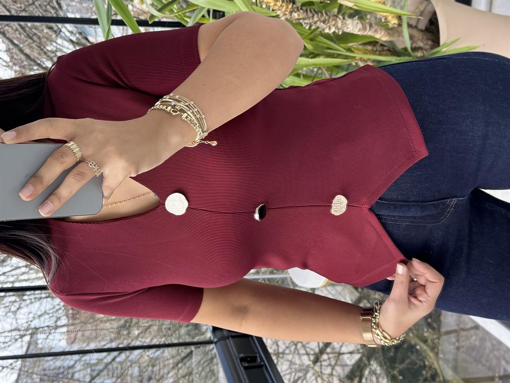 Gold Düğme Kısa Kol Bluz Bordo