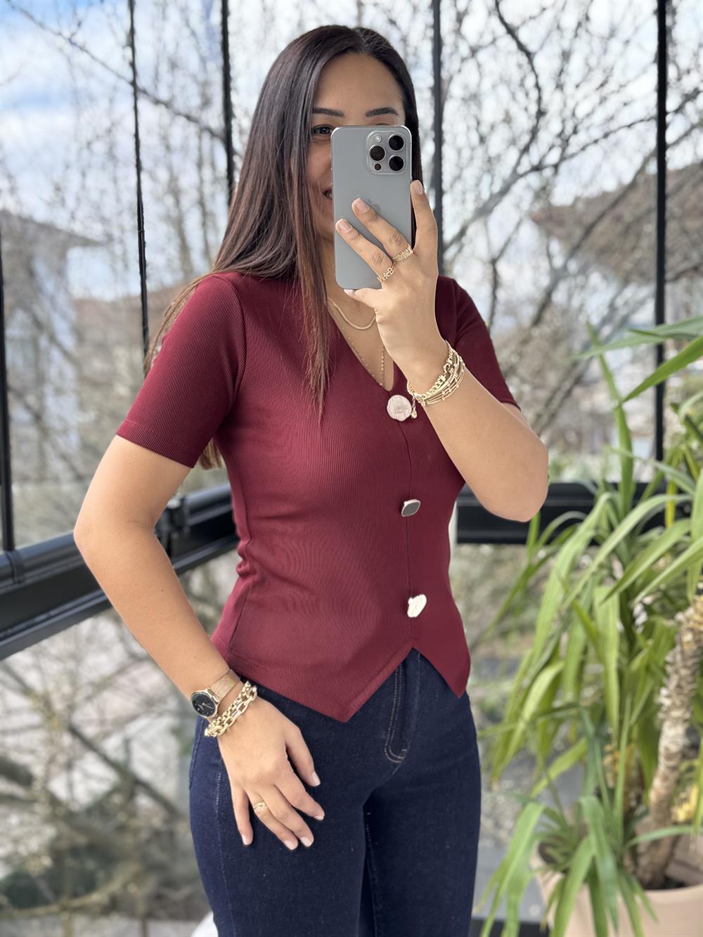Gold Düğme Kısa Kol Bluz Bordo