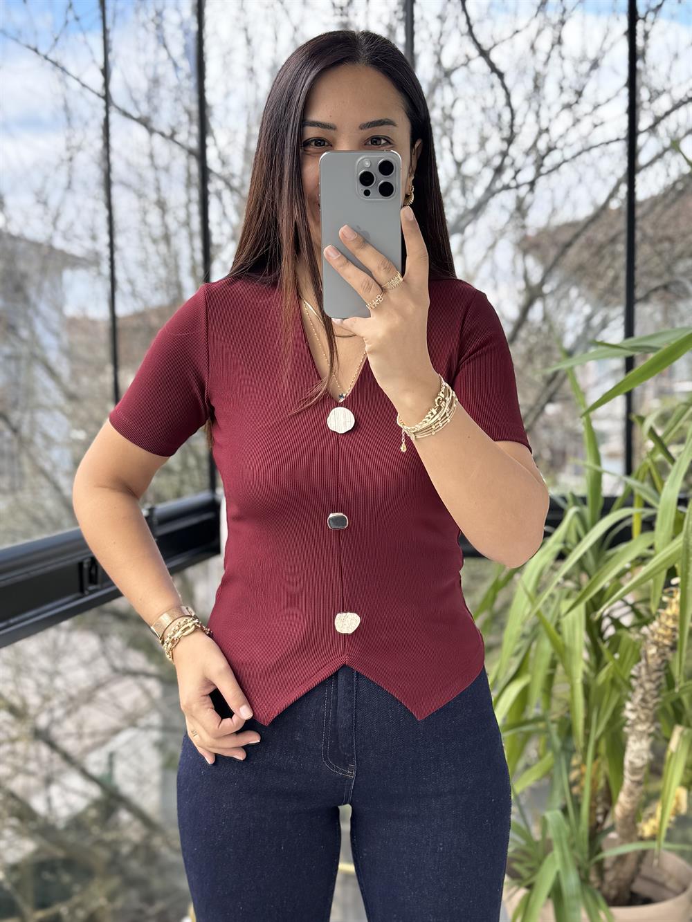 Gold Düğme Kısa Kol Bluz Bordo