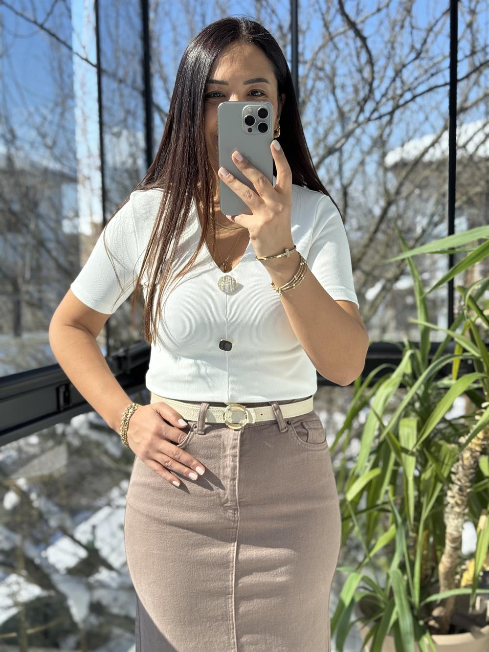 Gold Düğme Kısa Kol Bluz Ekru