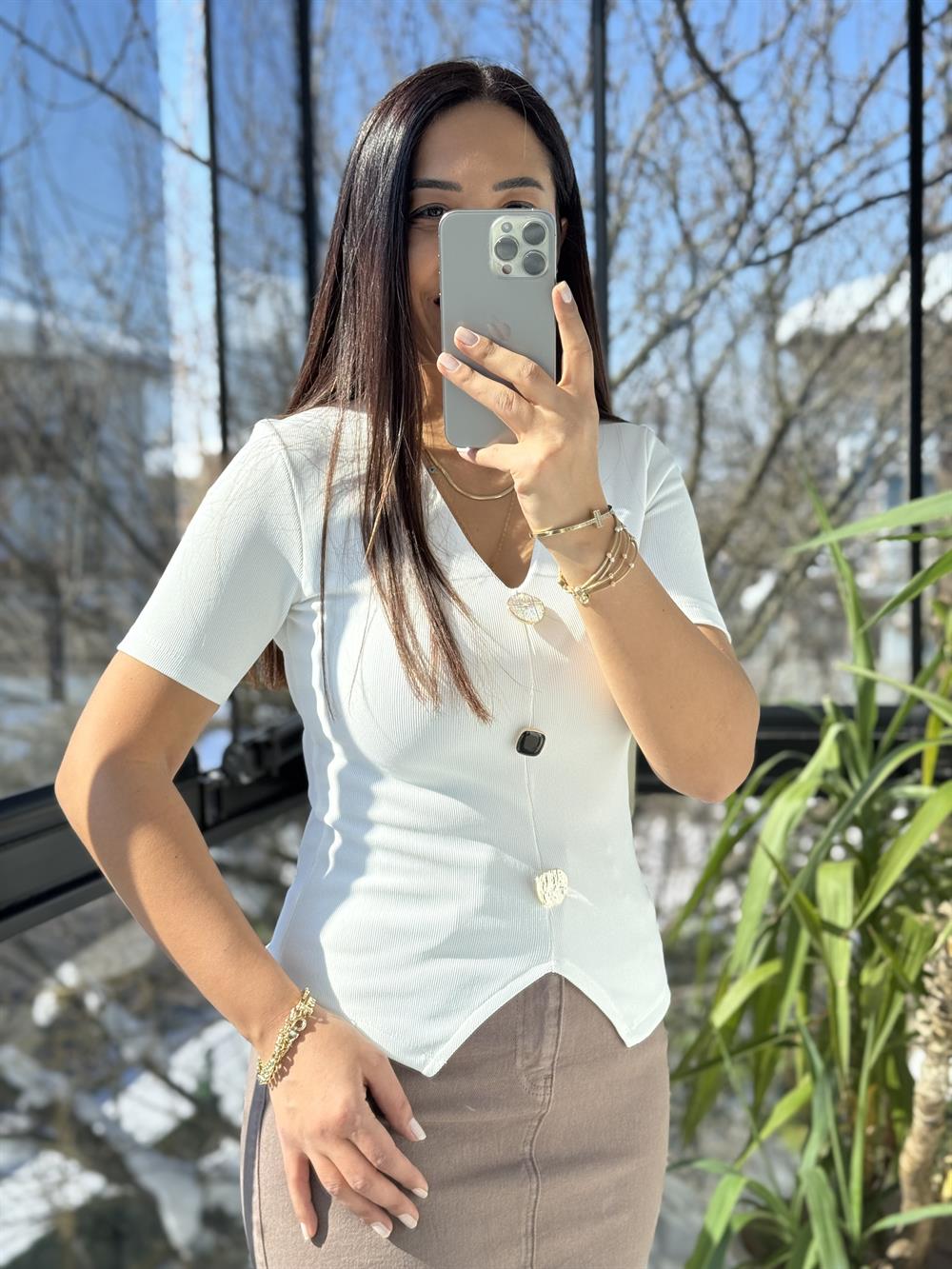 Gold Düğme Kısa Kol Bluz Ekru