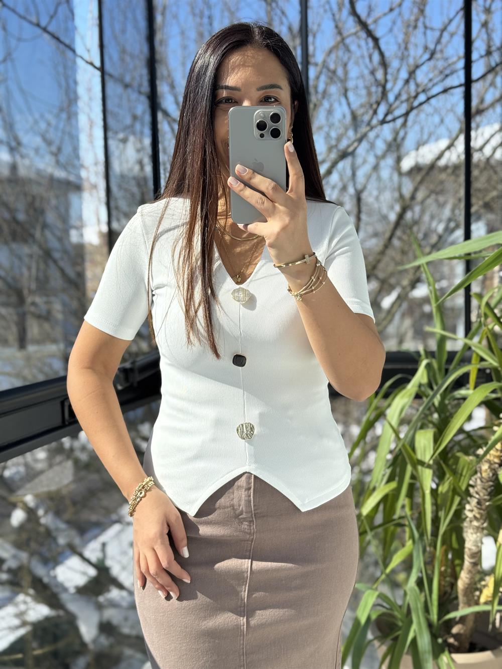 Gold Düğme Kısa Kol Bluz Ekru