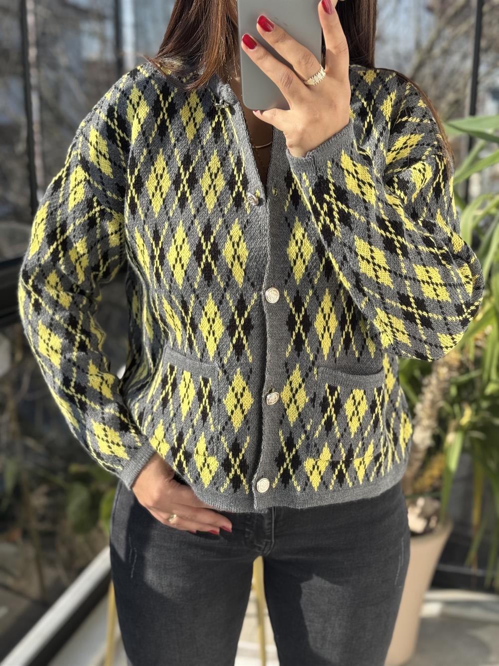 Gold Düğme Massi Hırka Gri