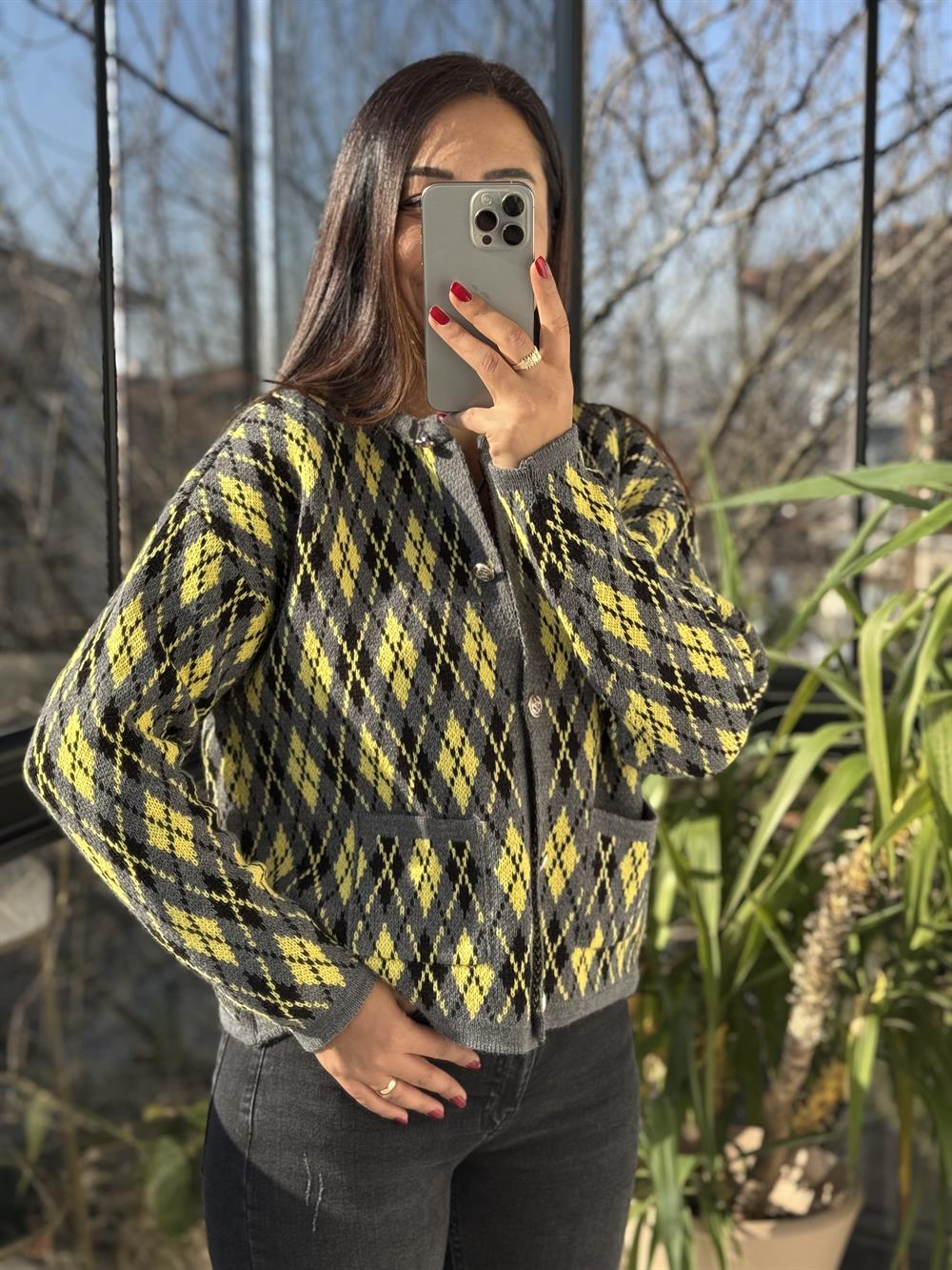 Gold Düğme Massi Hırka Gri