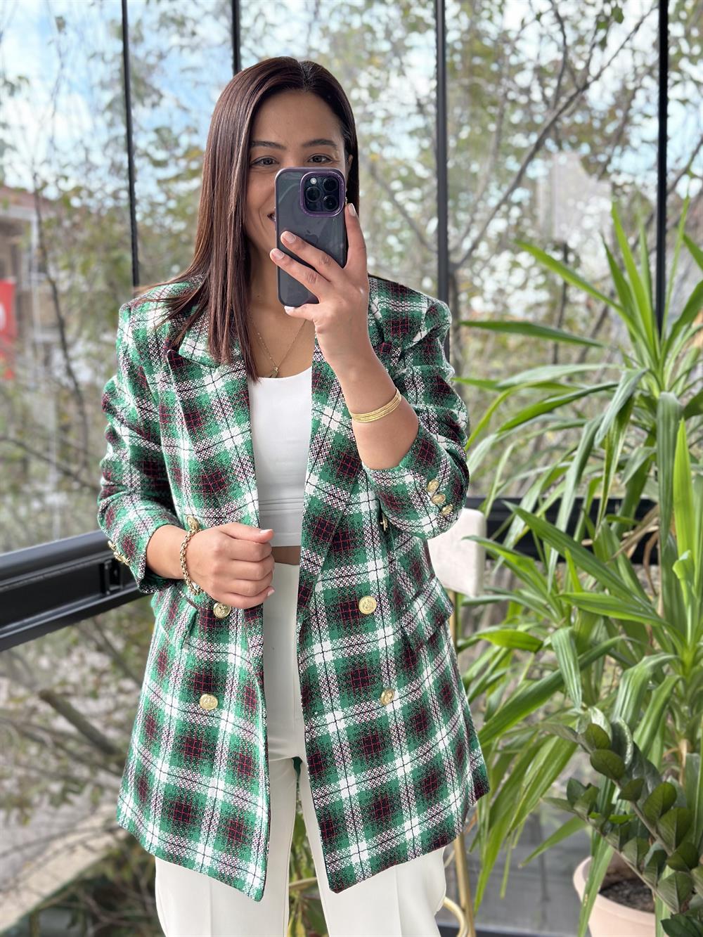 Gold Düğme Renk Geçişli Tüvit Blazer Ceket Yeşil