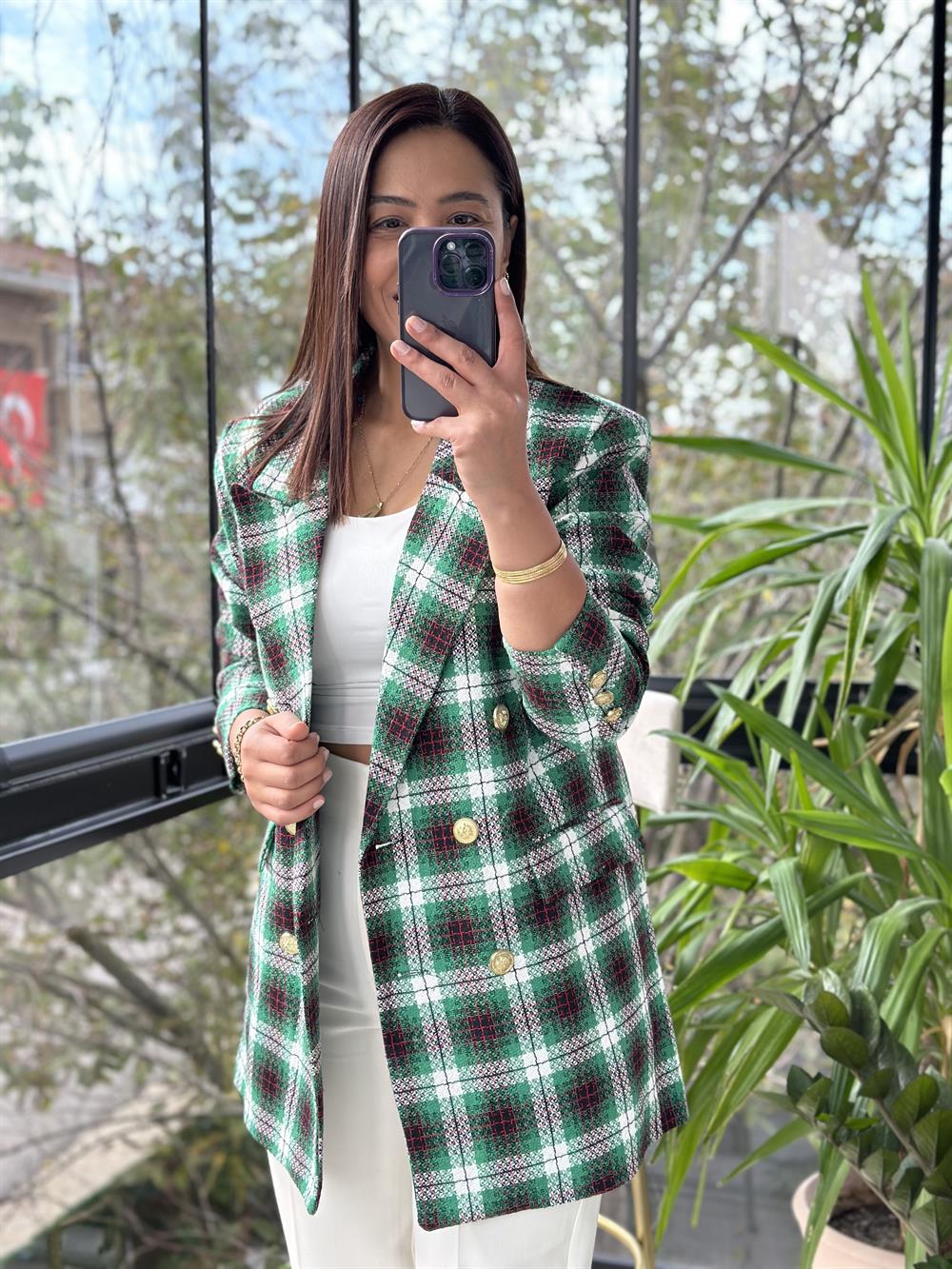 Gold Düğme Renk Geçişli Tüvit Blazer Ceket Yeşil