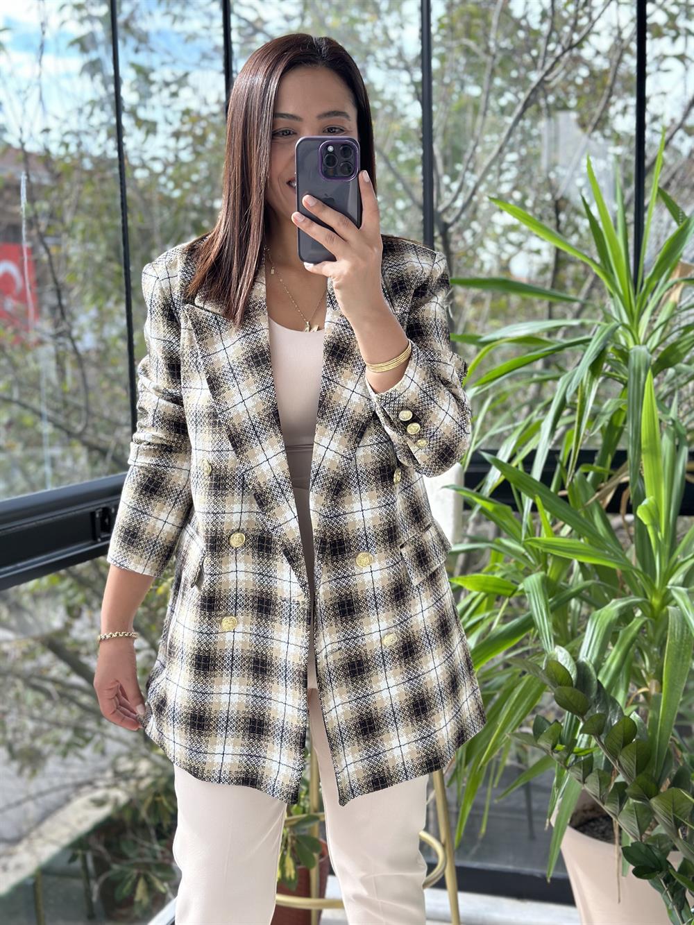 Gold Düğme Renk Geçişli Tüvit Blazer Ceket Kahve 