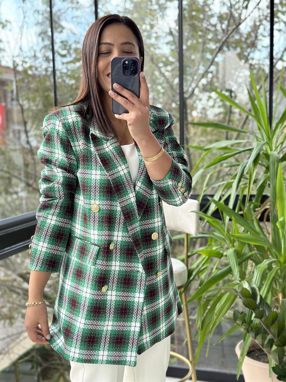 Gold Düğme Renk Geçişli Tüvit Blazer Ceket Yeşil