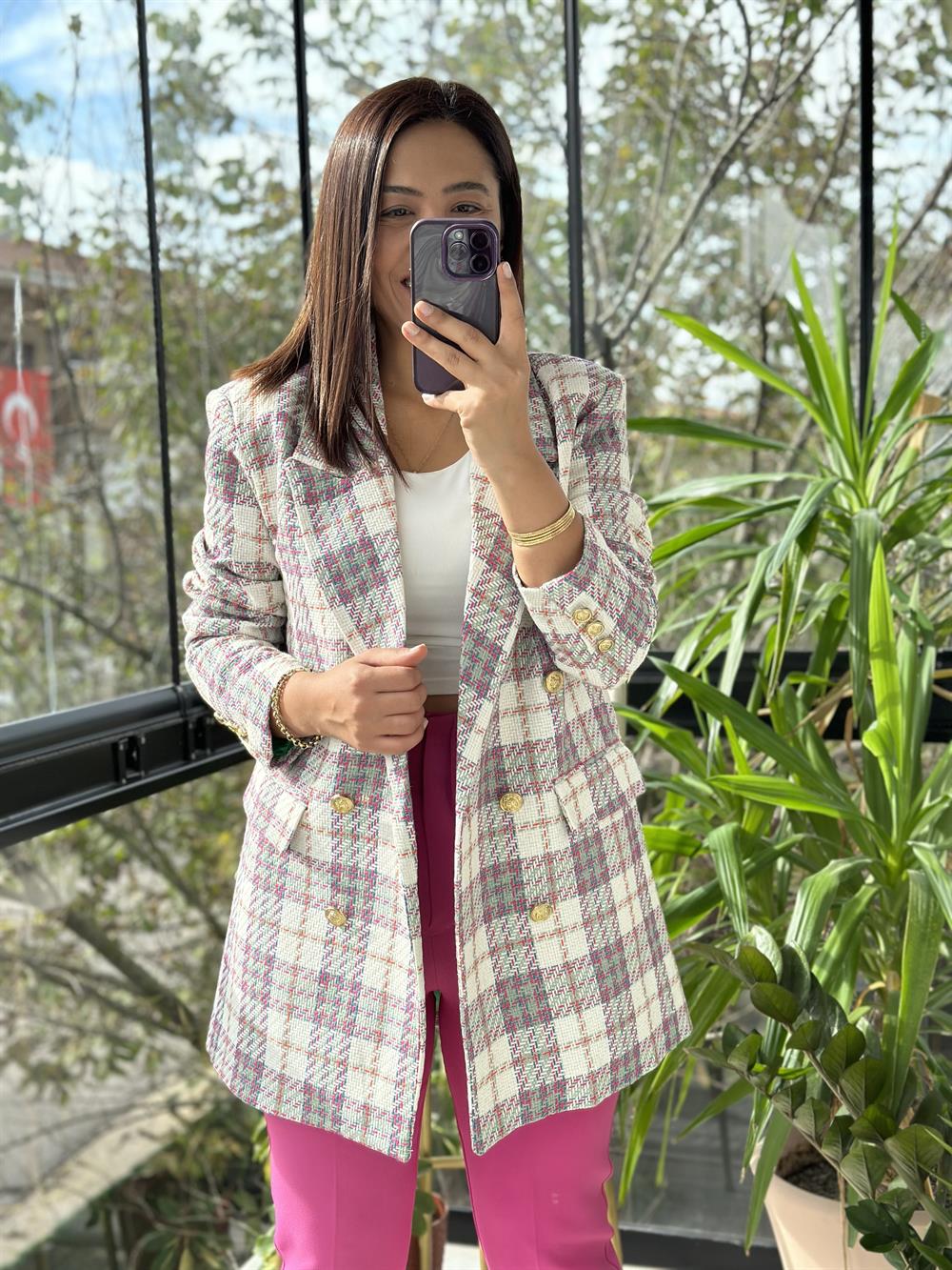 Gold Düğme Renk Geçişli Tüvit Blazer Ceket Beyaz