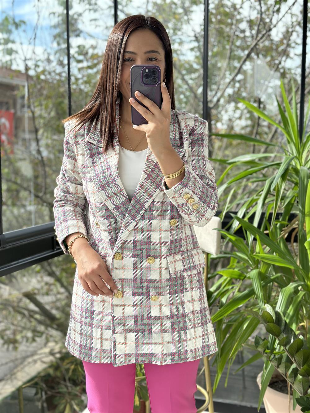 Gold Düğme Renk Geçişli Tüvit Blazer Ceket Beyaz