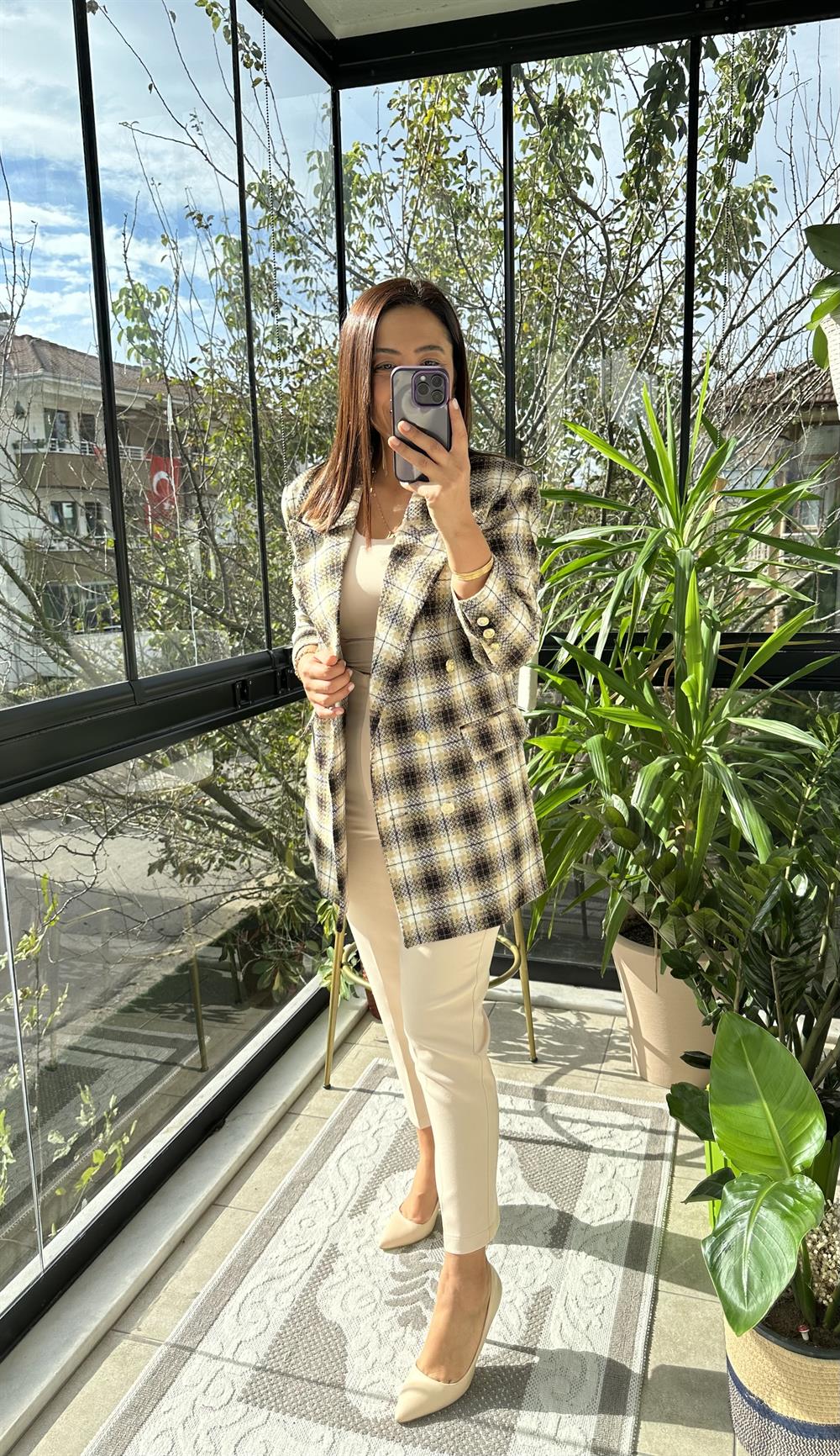 Gold Düğme Renk Geçişli Tüvit Blazer Ceket Kahve 