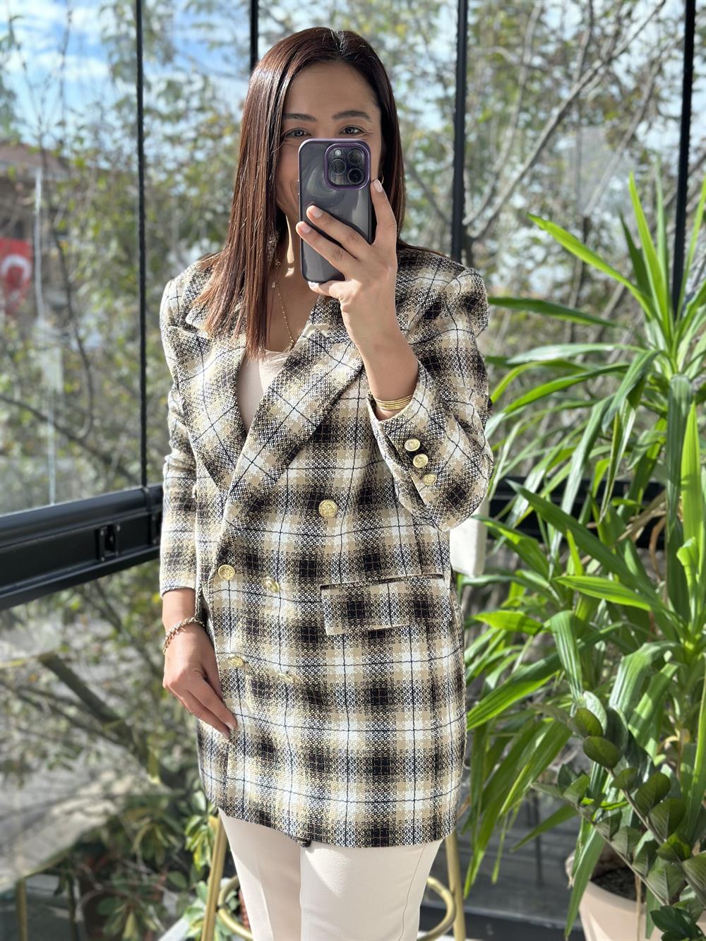 Gold Düğme Renk Geçişli Tüvit Blazer Ceket Kahve 