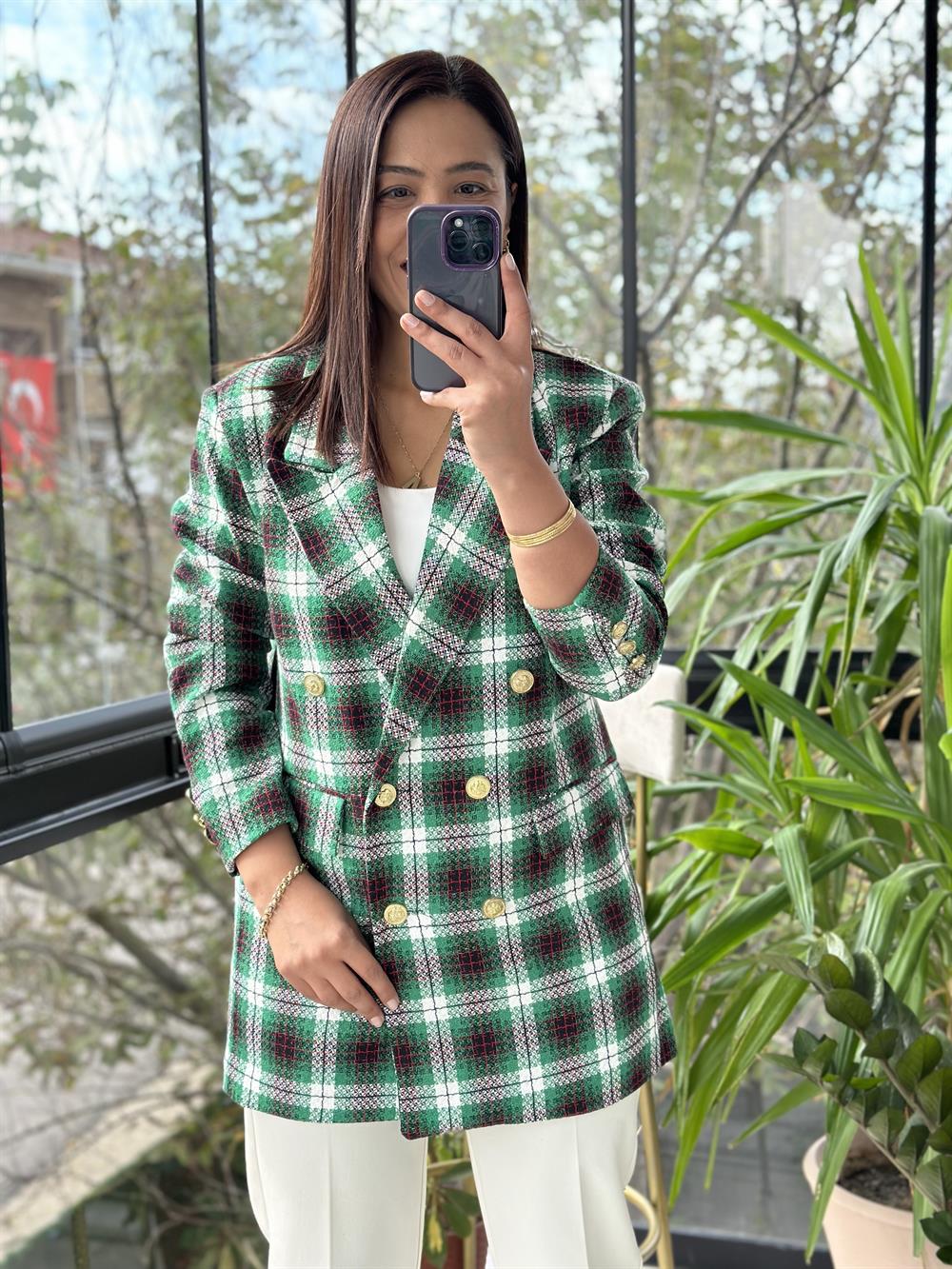 Gold Düğme Renk Geçişli Tüvit Blazer Ceket Yeşil