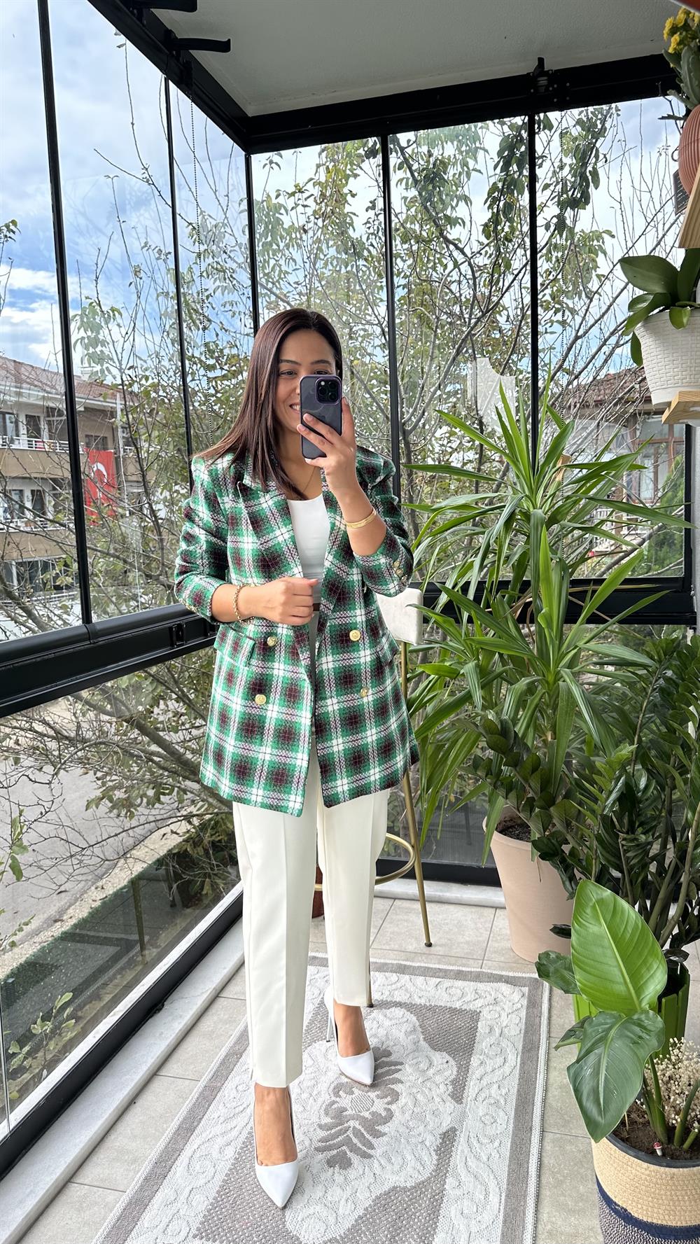 Gold Düğme Renk Geçişli Tüvit Blazer Ceket Yeşil