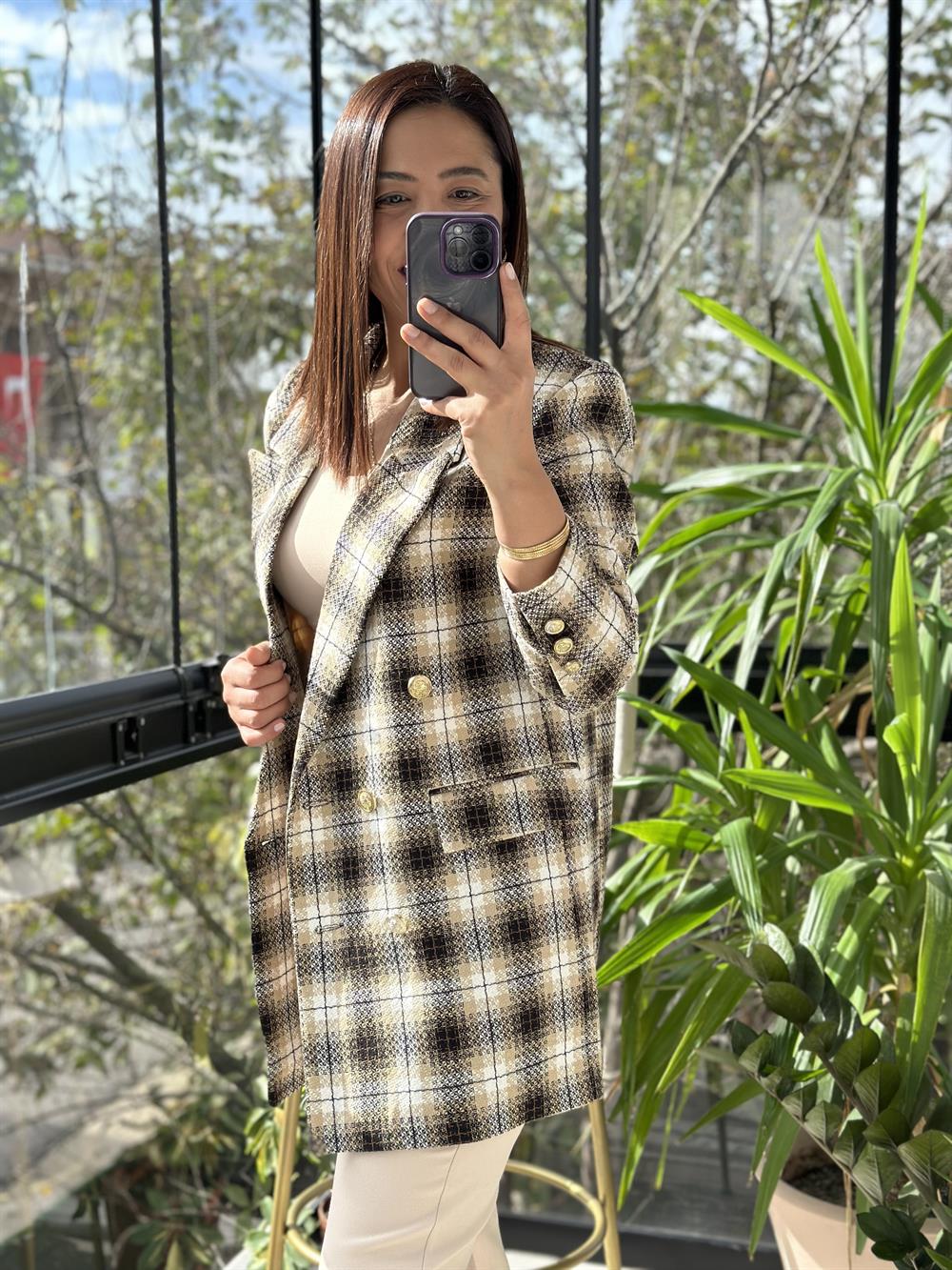 Gold Düğme Renk Geçişli Tüvit Blazer Ceket Kahve 