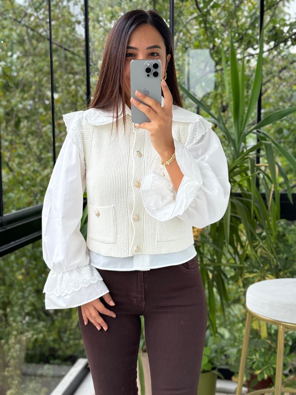 Gold Düğmeli Yelek Ekru