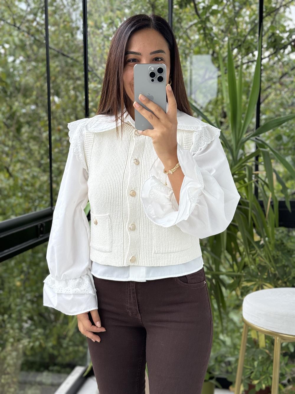 Gold Düğmeli Yelek Ekru