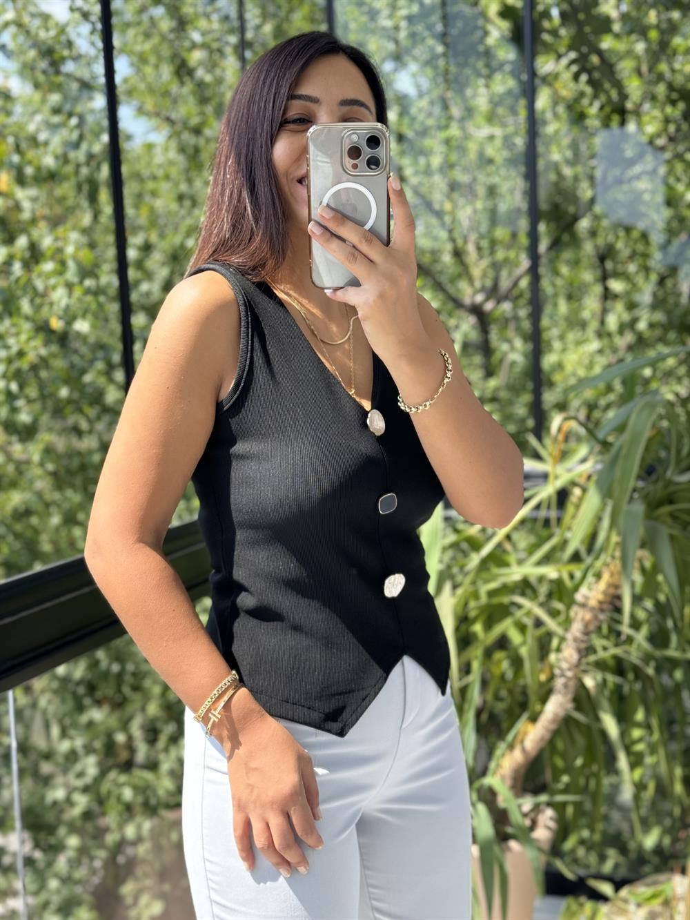 Gold Düğmeli Yelek Siyah