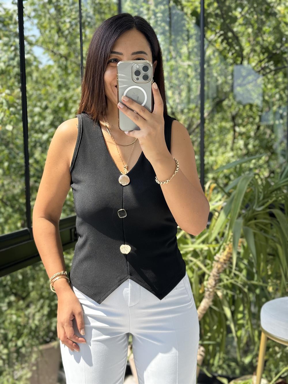 Gold Düğmeli Yelek Siyah