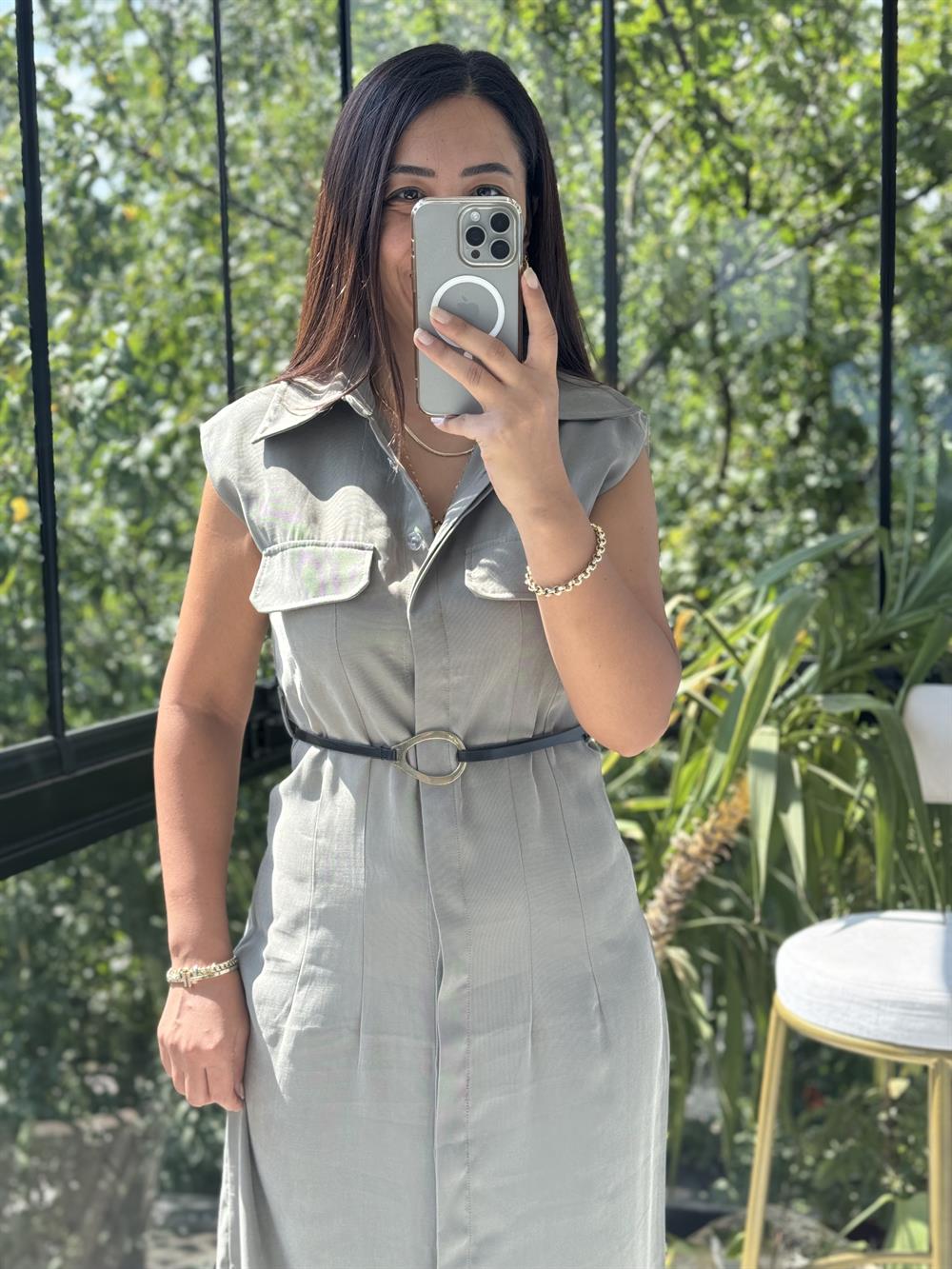 Gold Kemerli Elbise Haki Yeşili