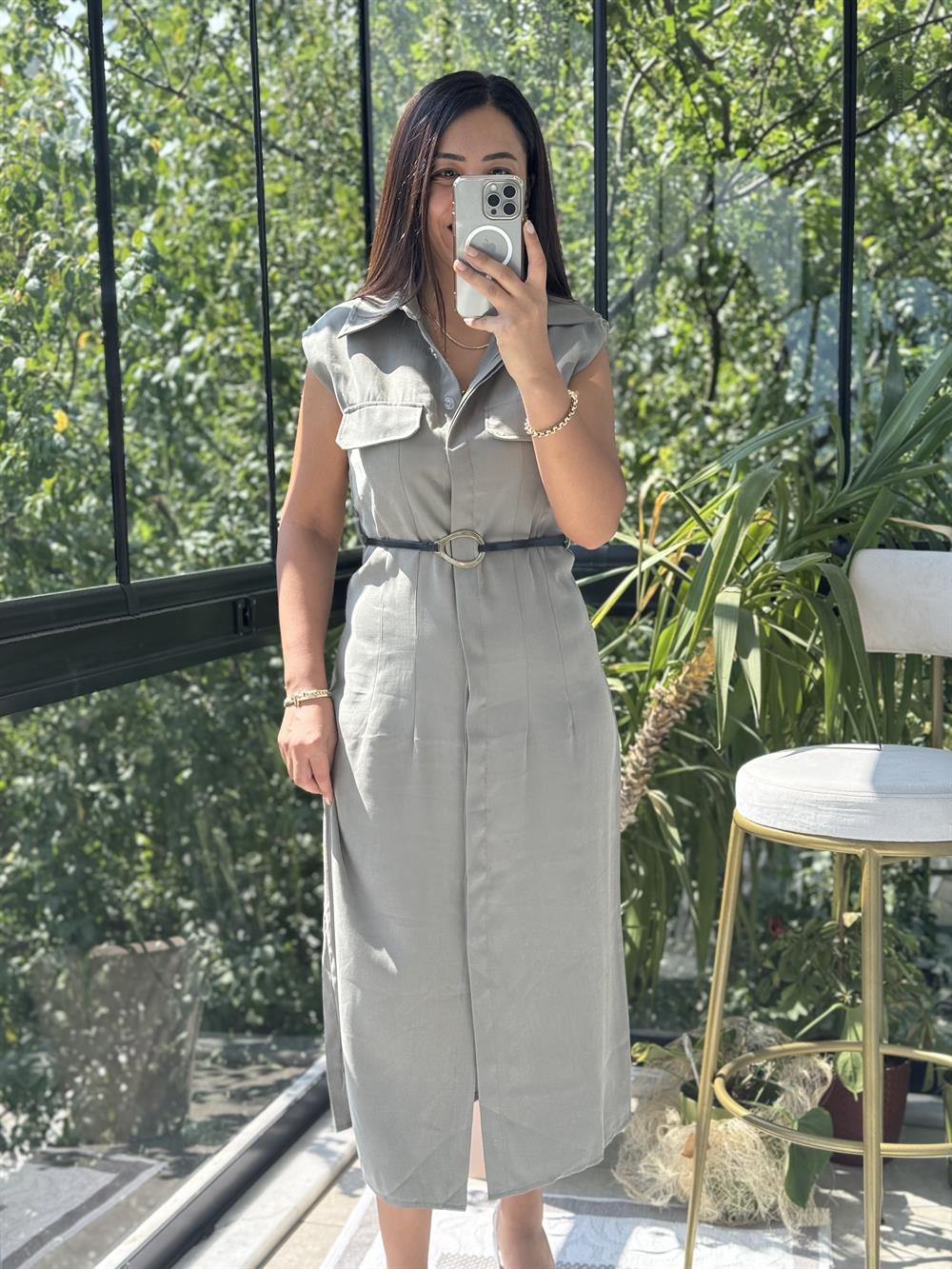 Gold Kemerli Elbise Haki Yeşili