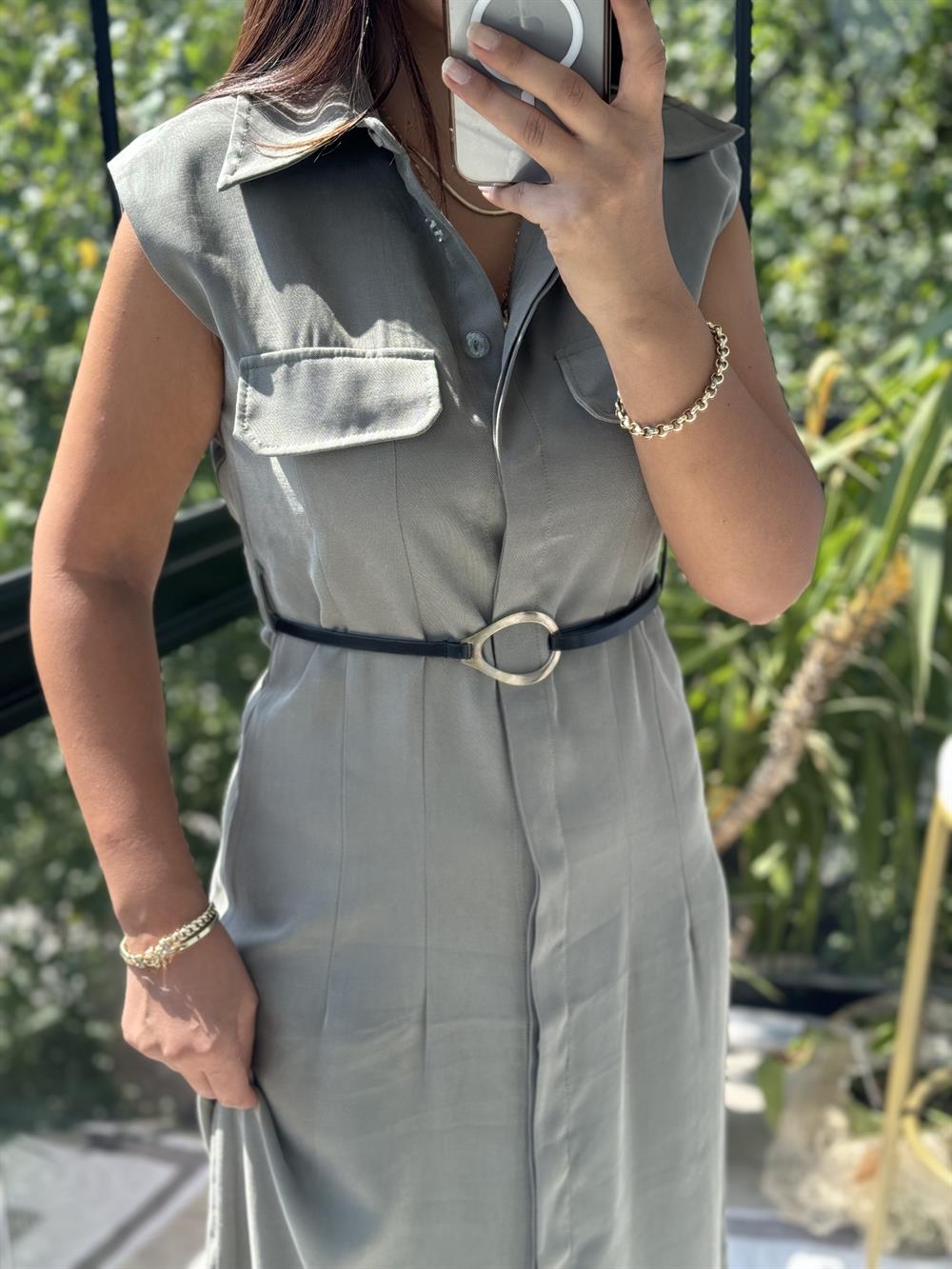 Gold Kemerli Elbise Haki Yeşili