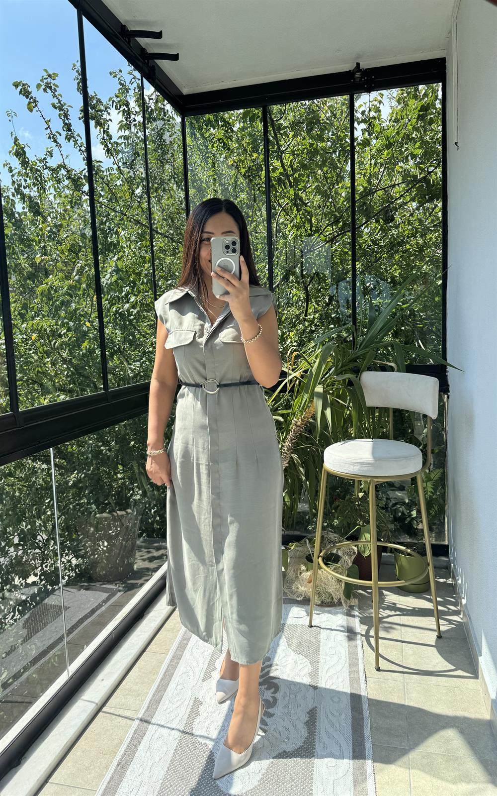 Gold Kemerli Elbise Haki Yeşili