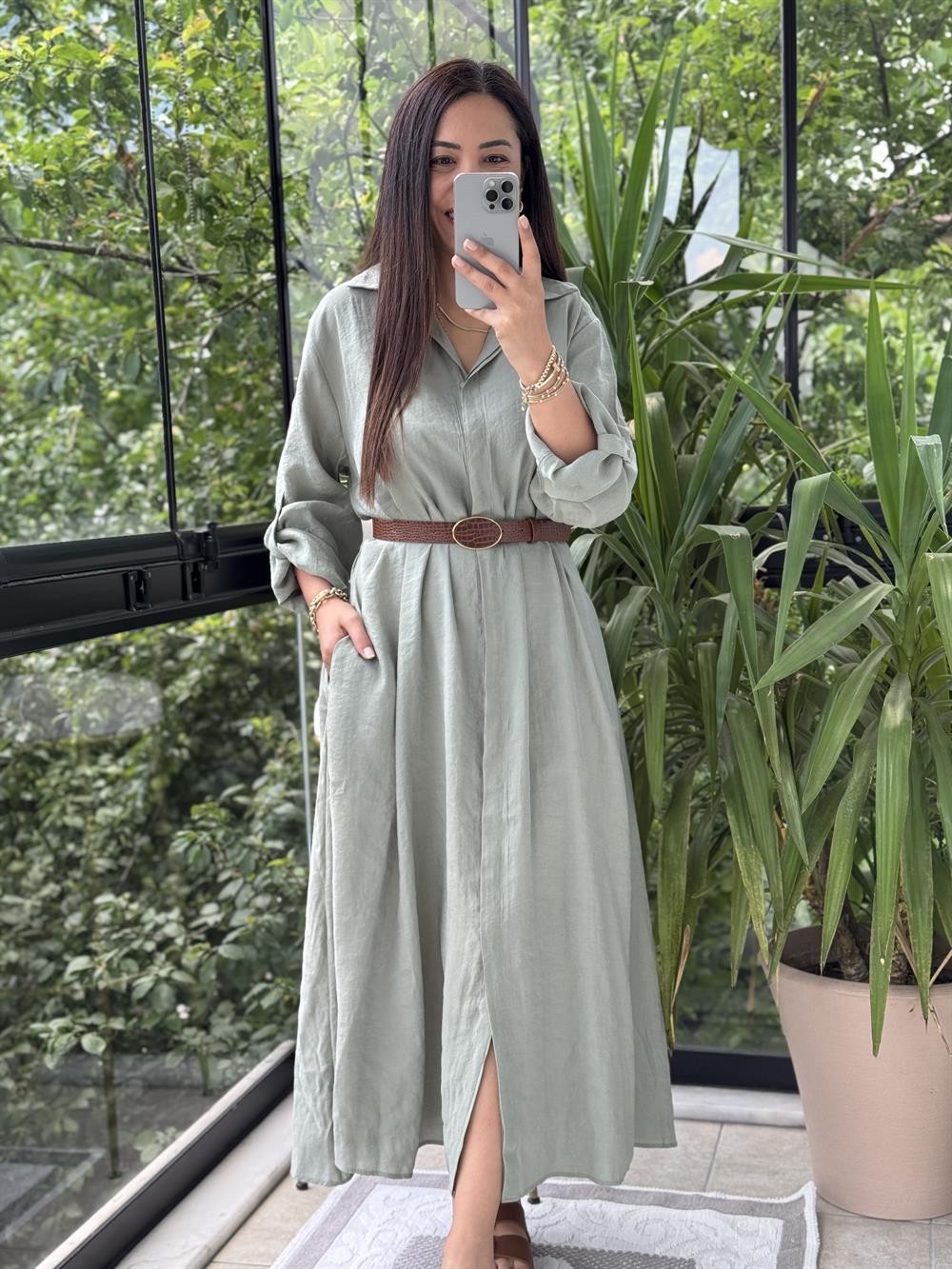 Gömlek Elbise Çağla Yeşili