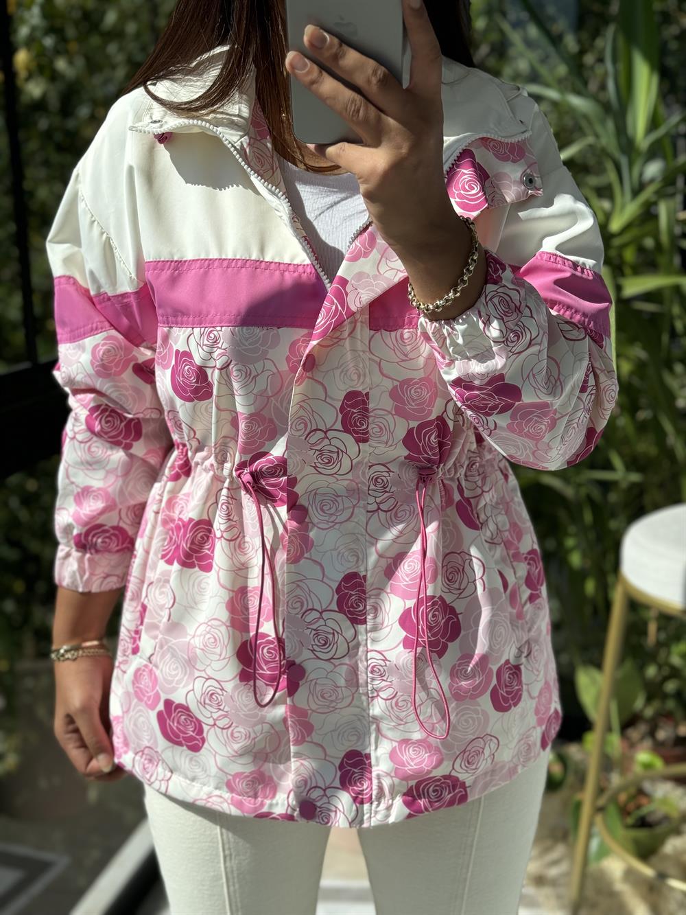 Gül Desen Yağmurluk Pembe