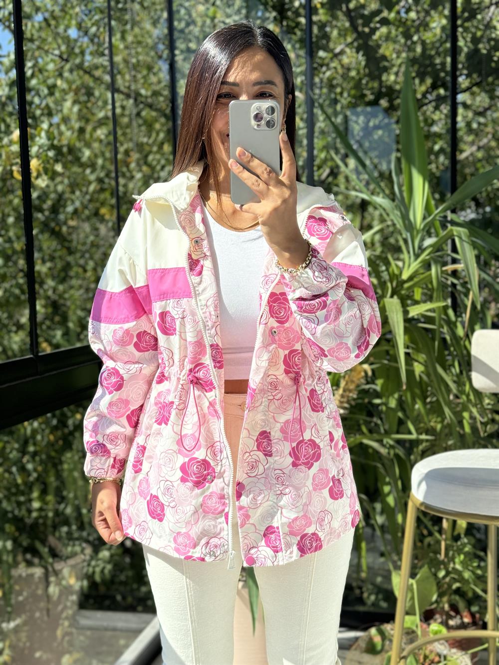 Gül Desen Yağmurluk Pembe