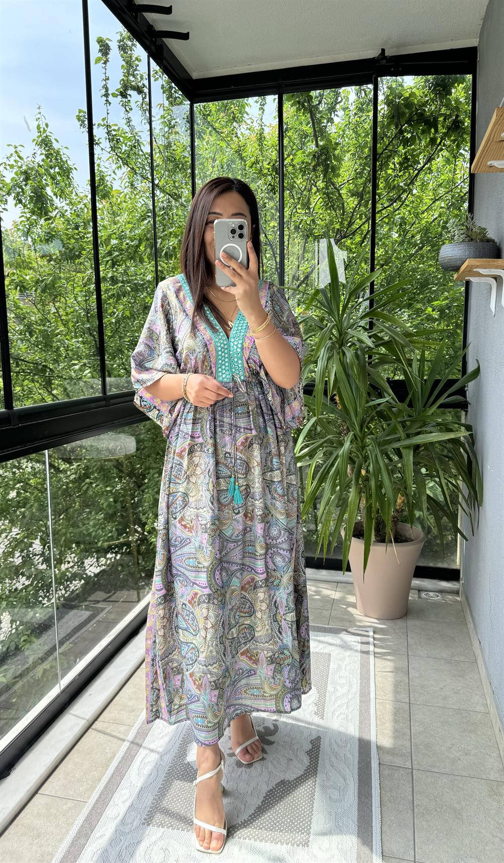 Gümüşlü V Detay Etnik Desen Elbise Lila