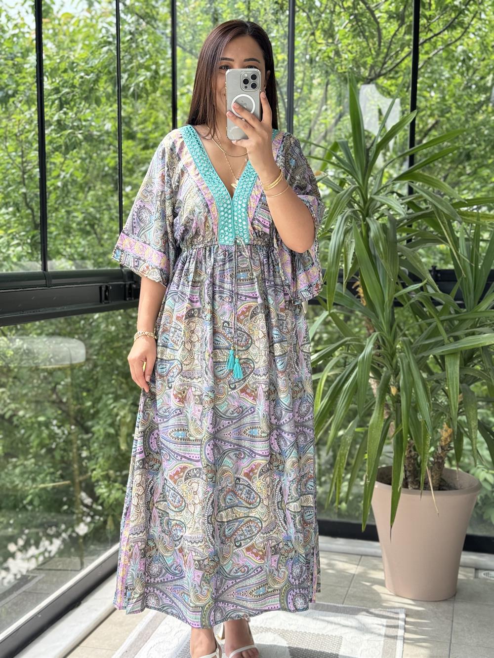 Gümüşlü V Detay Etnik Desen Elbise Lila