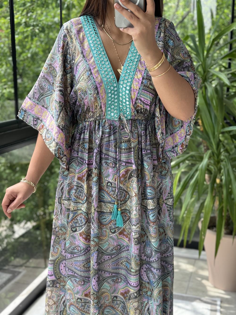 Gümüşlü V Detay Etnik Desen Elbise Lila