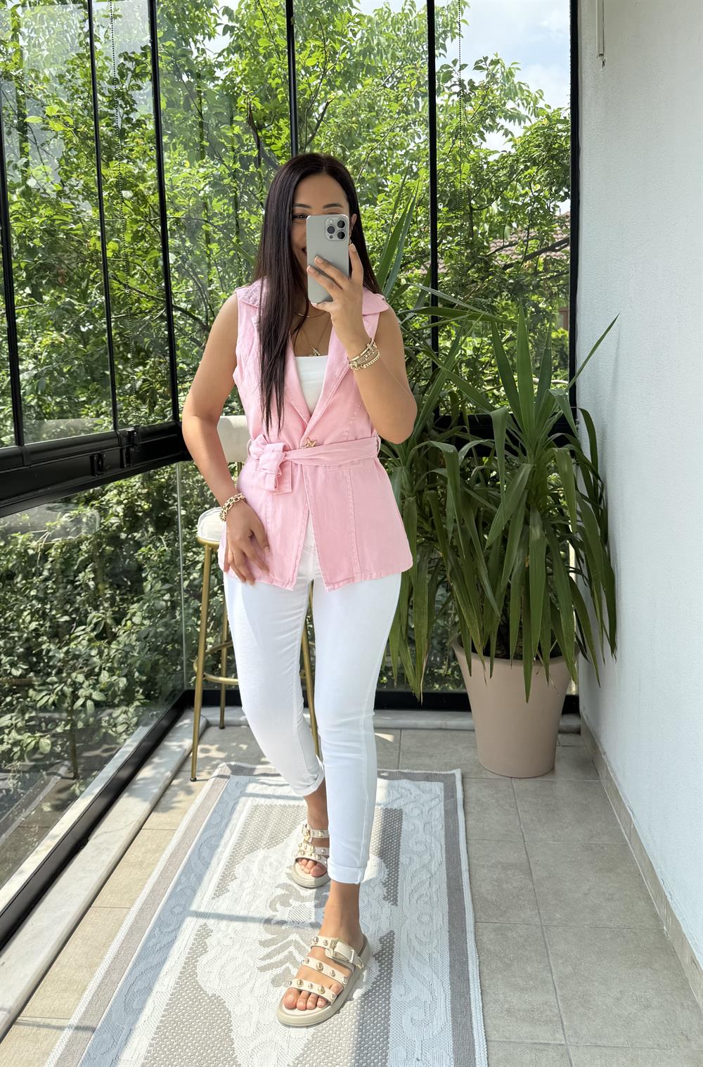 Güneş Düğmeli Gabardin Yelek Pembe