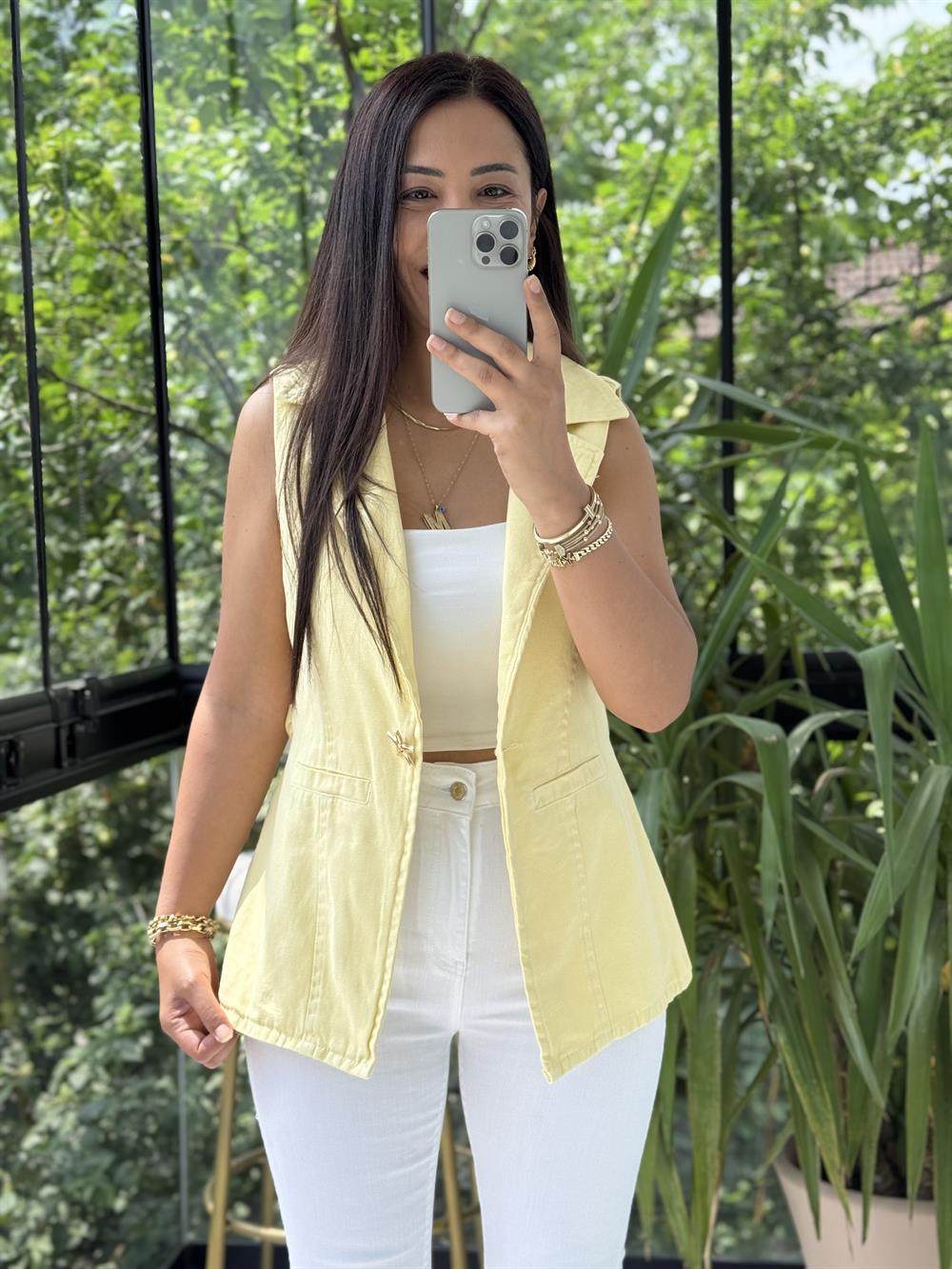 Güneş Düğmeli Gabardin Yelek Sarı