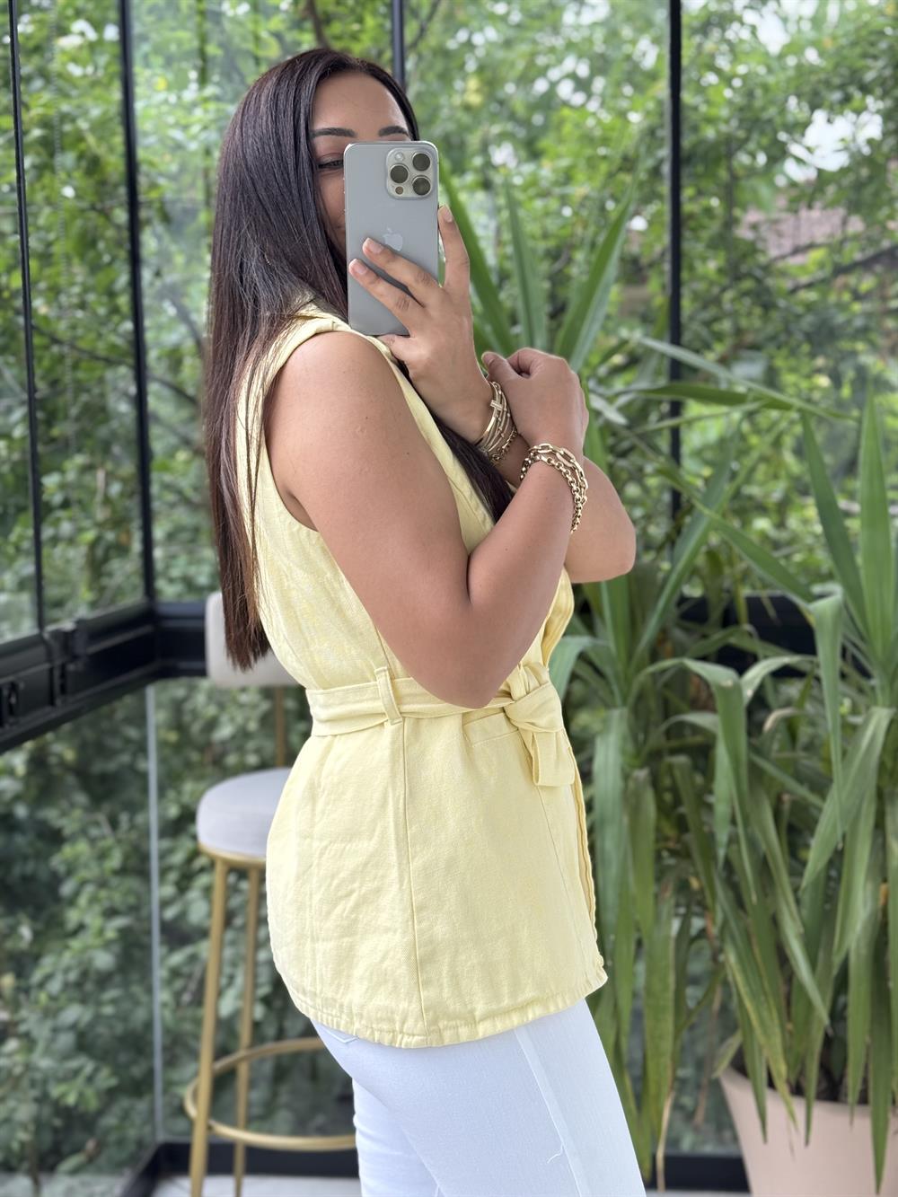 Güneş Düğmeli Gabardin Yelek Sarı