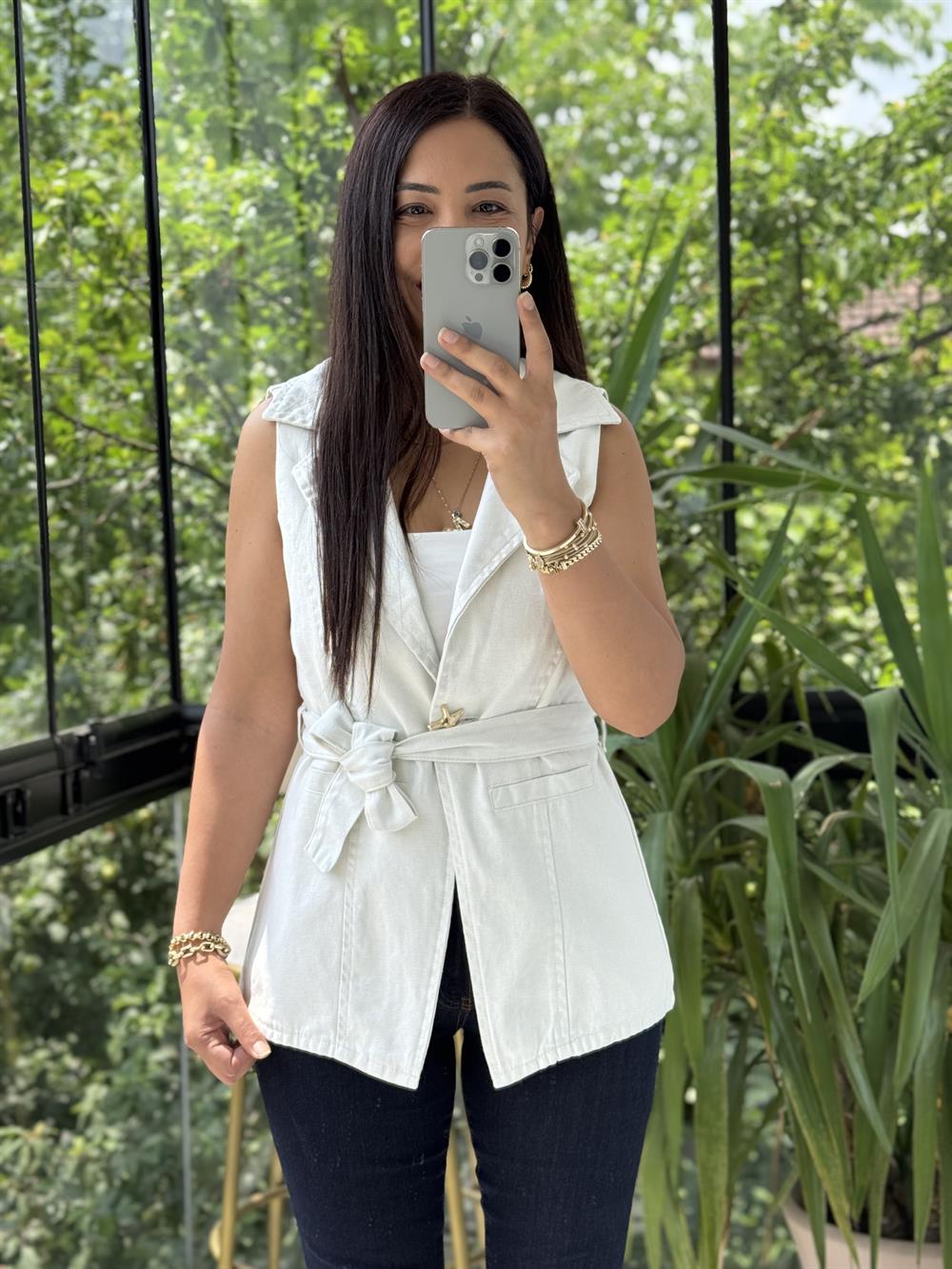 Güneş Düğmeli Gabardin Yelek Taş