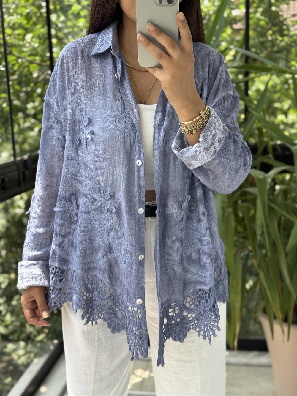 Güpür Detaylı Etnik Gömlek İndigo Mavi