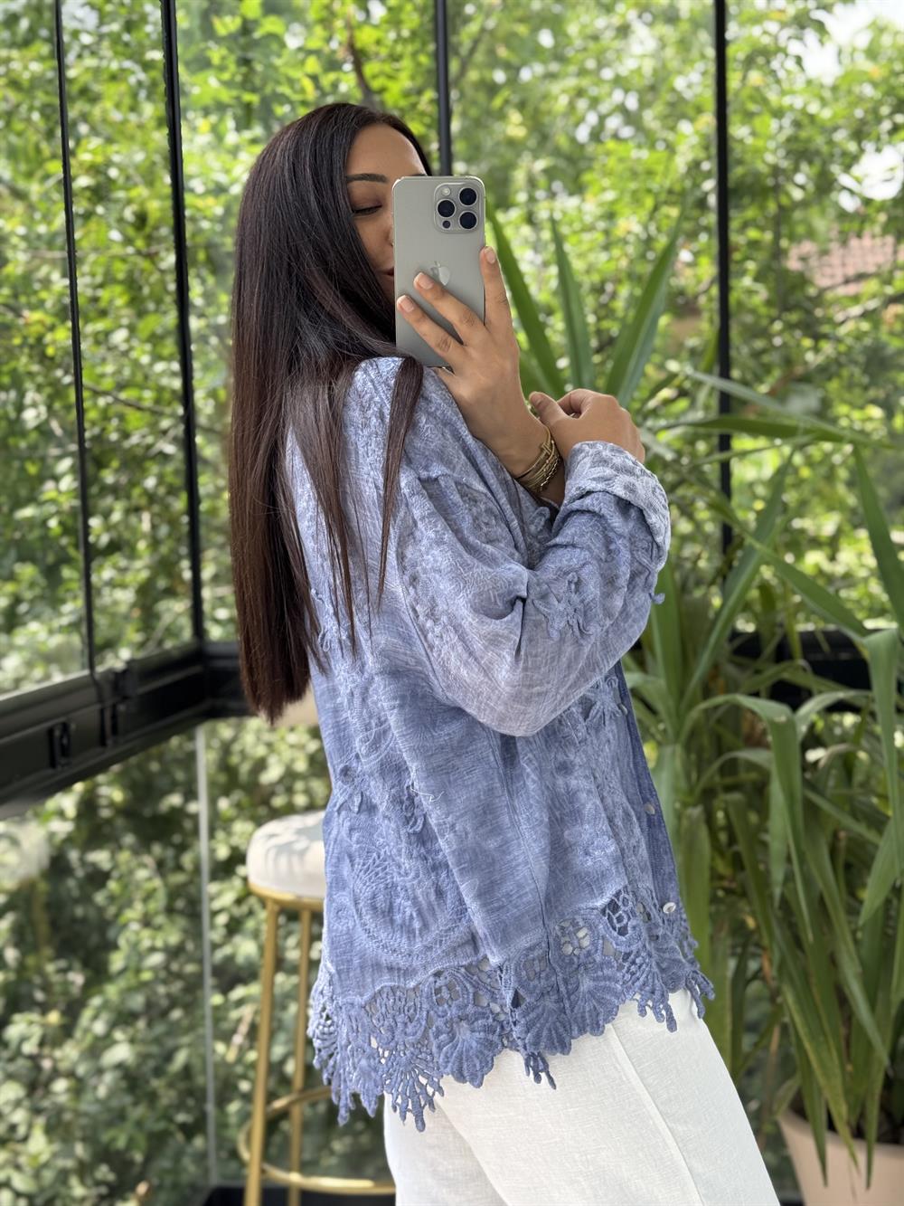 Güpür Detaylı Etnik Gömlek İndigo Mavi