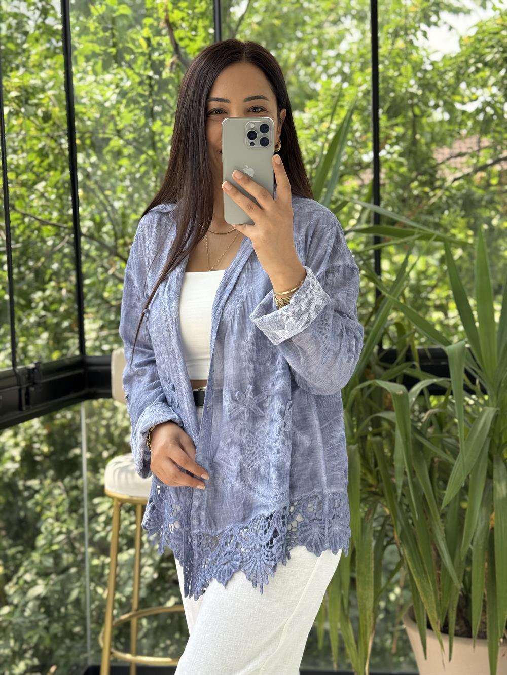 Güpür Detaylı Etnik Gömlek İndigo Mavi