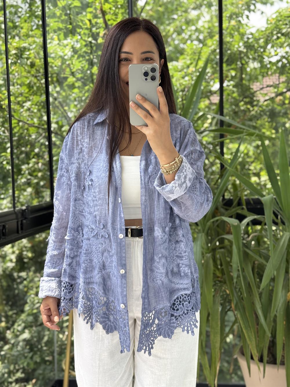 Güpür Detaylı Etnik Gömlek İndigo Mavi