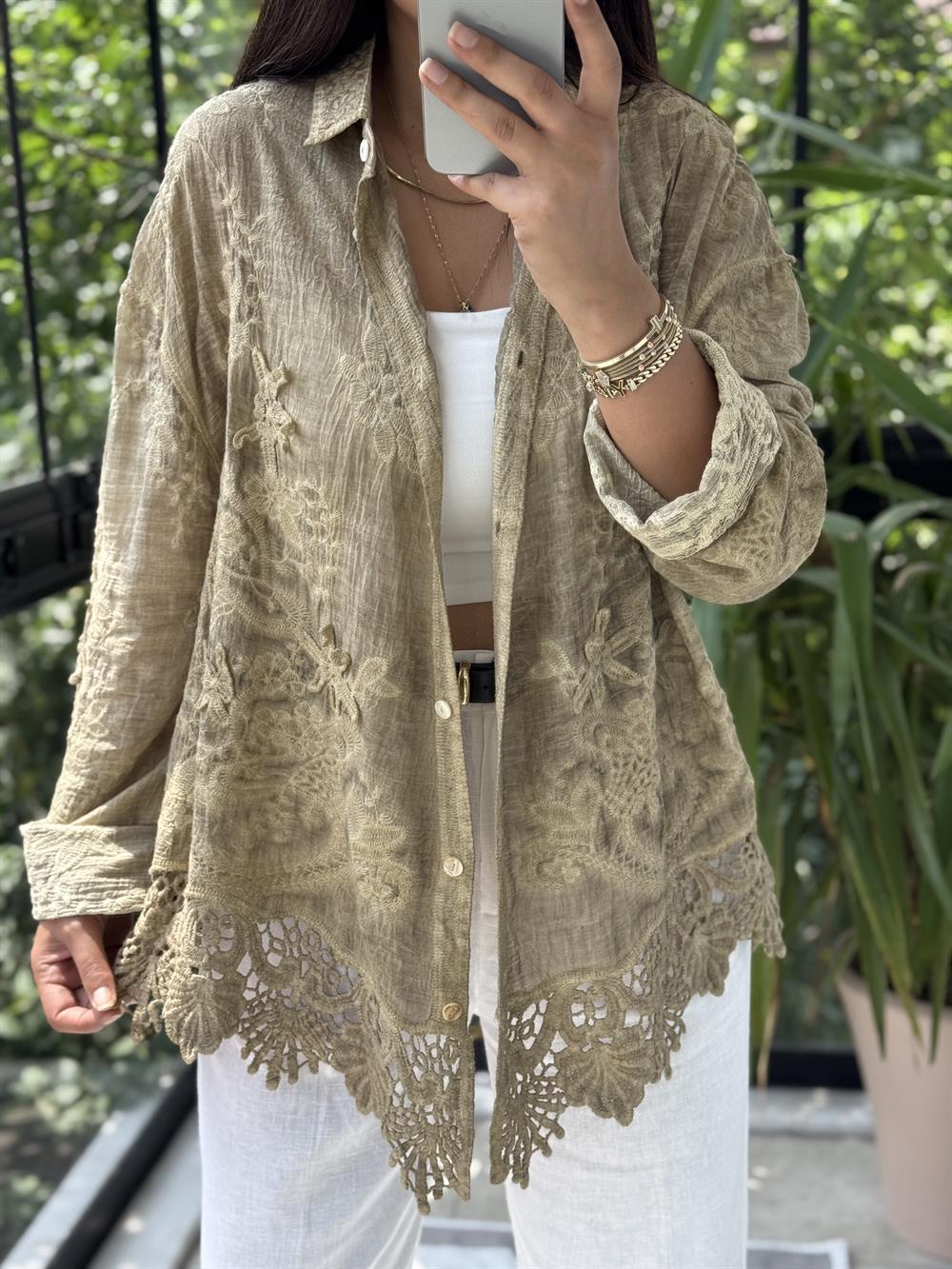 Güpür Detaylı Etnik Gömlek Vizon