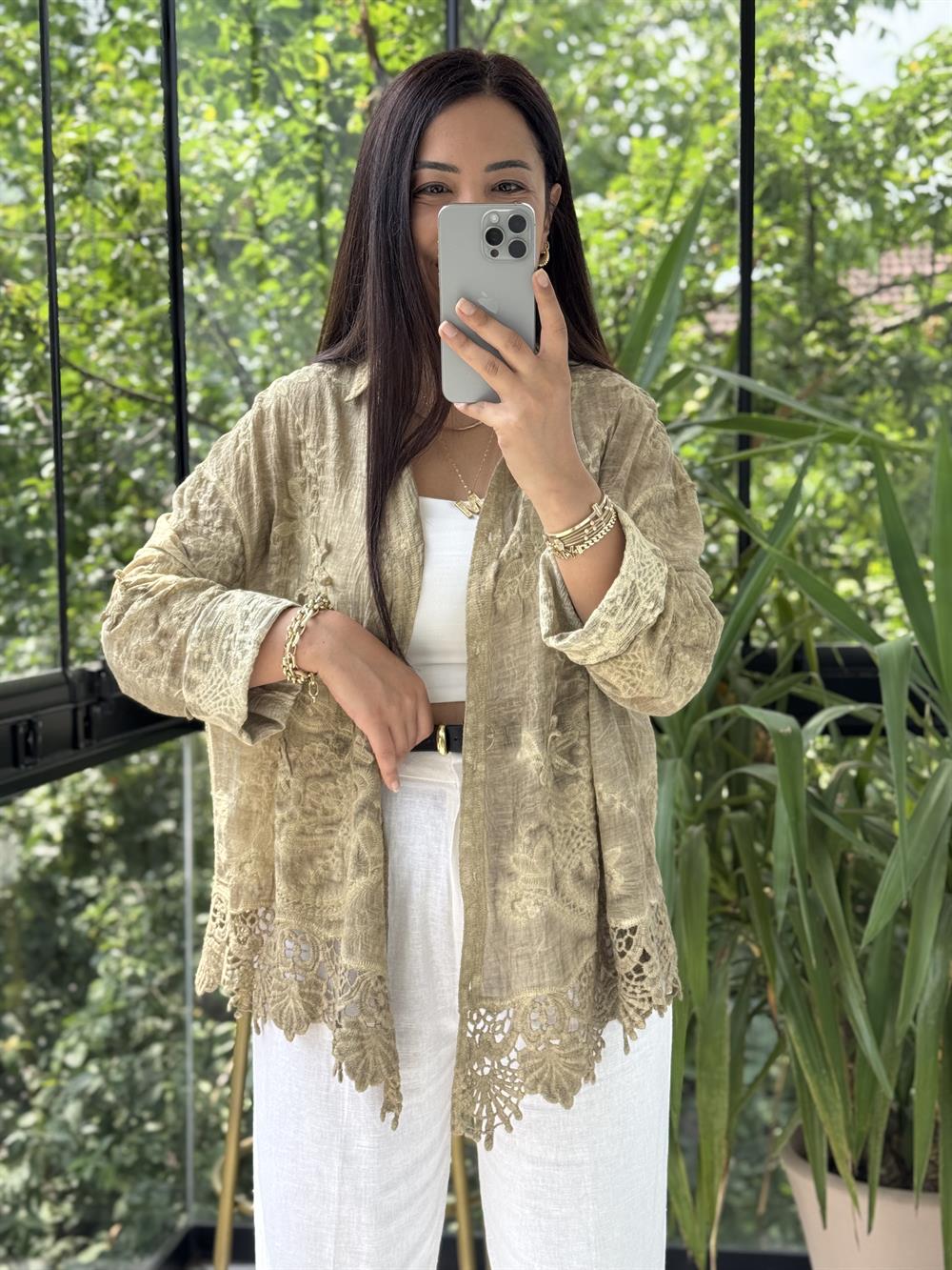 Güpür Detaylı Etnik Gömlek Vizon