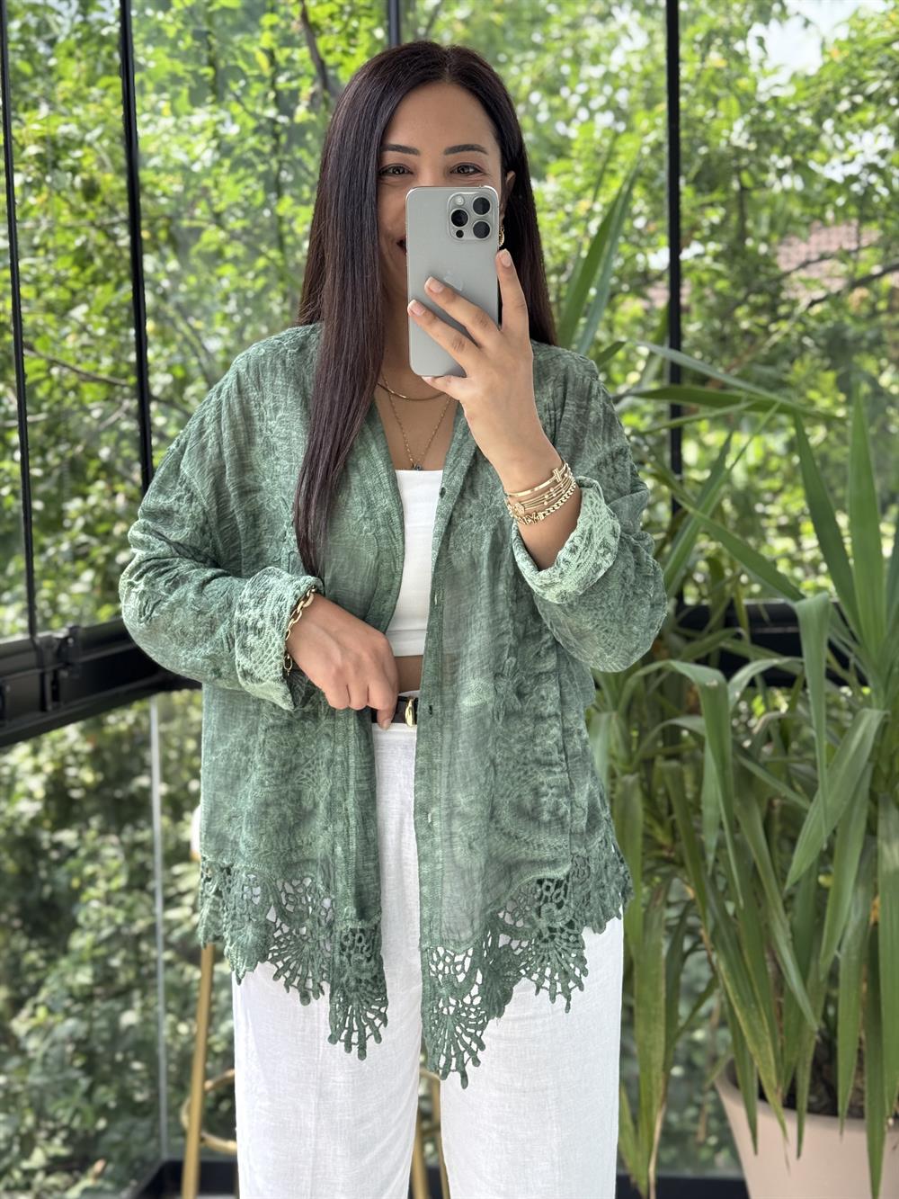 Güpür Detaylı Etnik Gömlek Yeşil