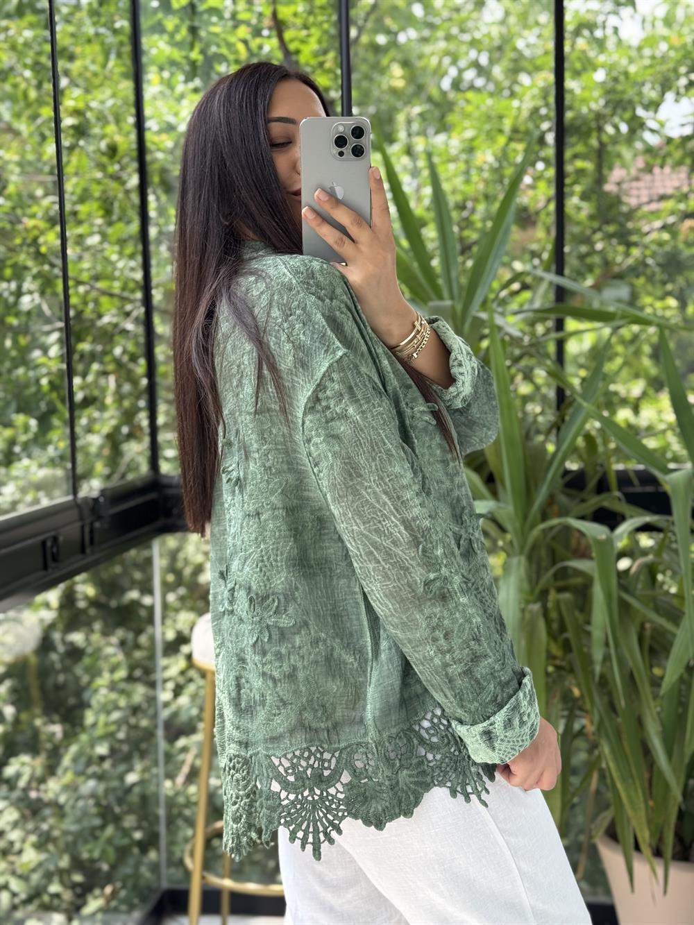 Güpür Detaylı Etnik Gömlek Yeşil