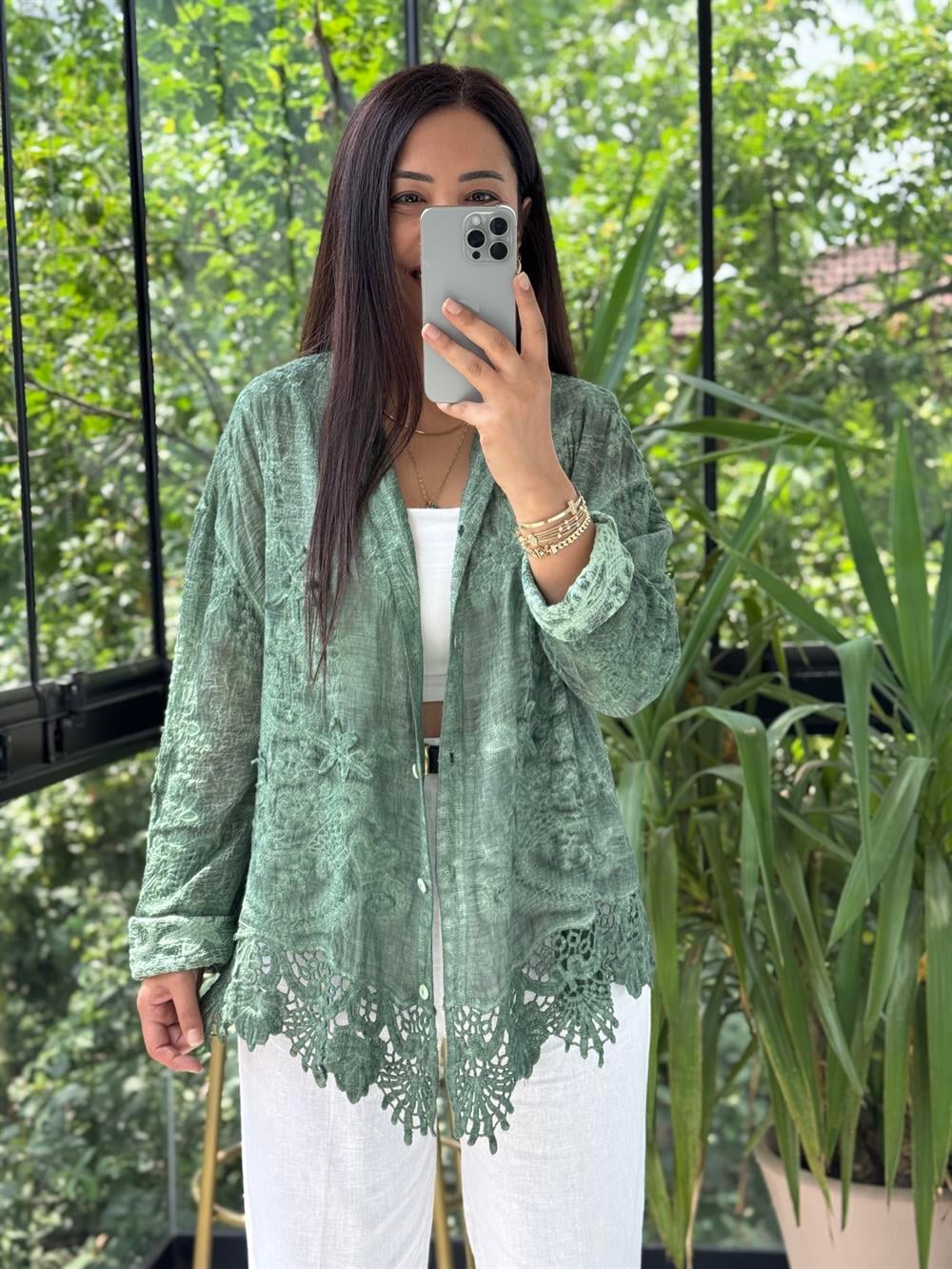 Güpür Detaylı Etnik Gömlek Yeşil