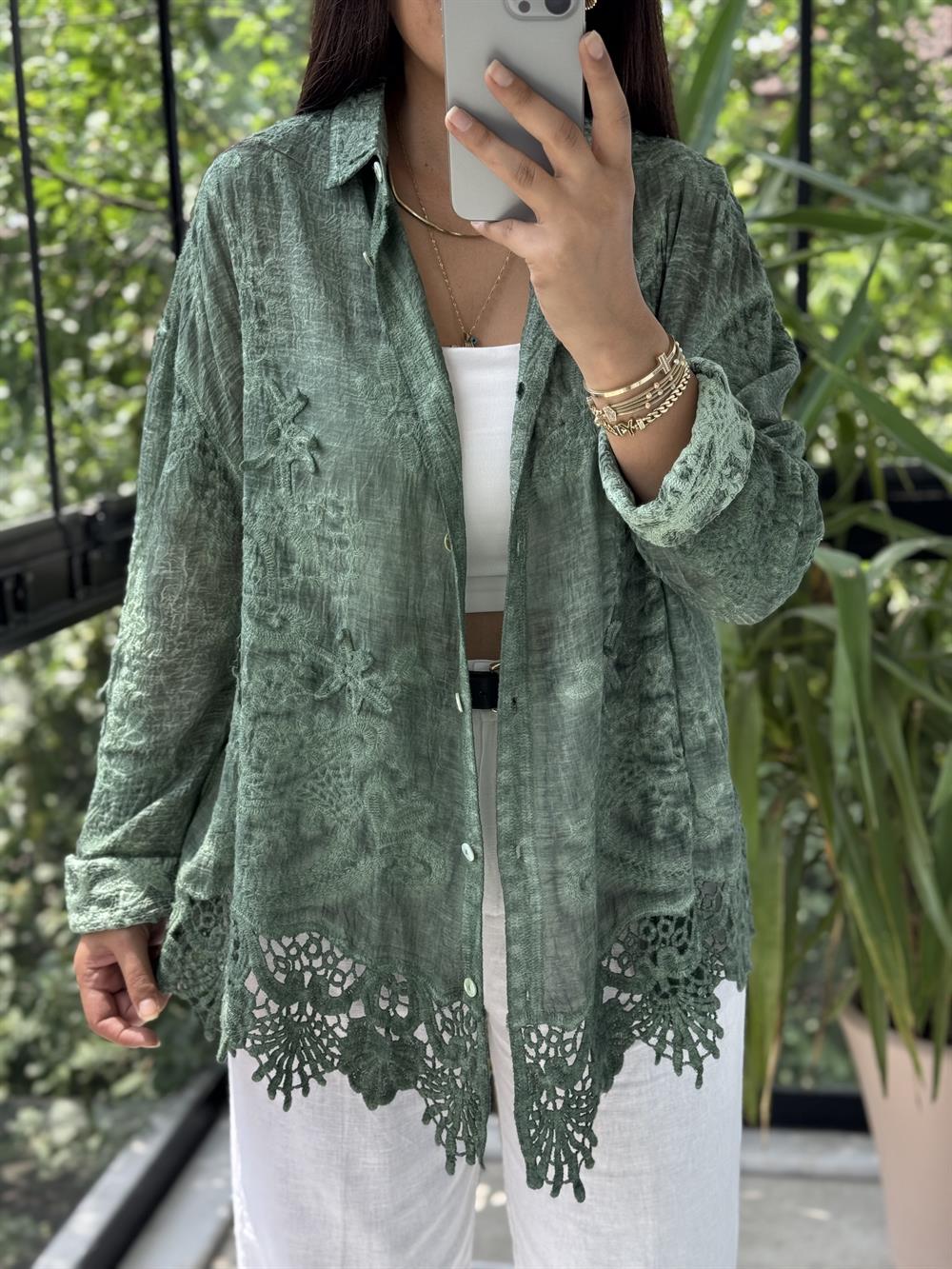 Güpür Detaylı Etnik Gömlek Yeşil