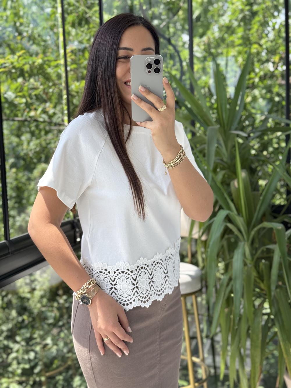 Altı Güpürlü Pamuklu Tişört Beyaz